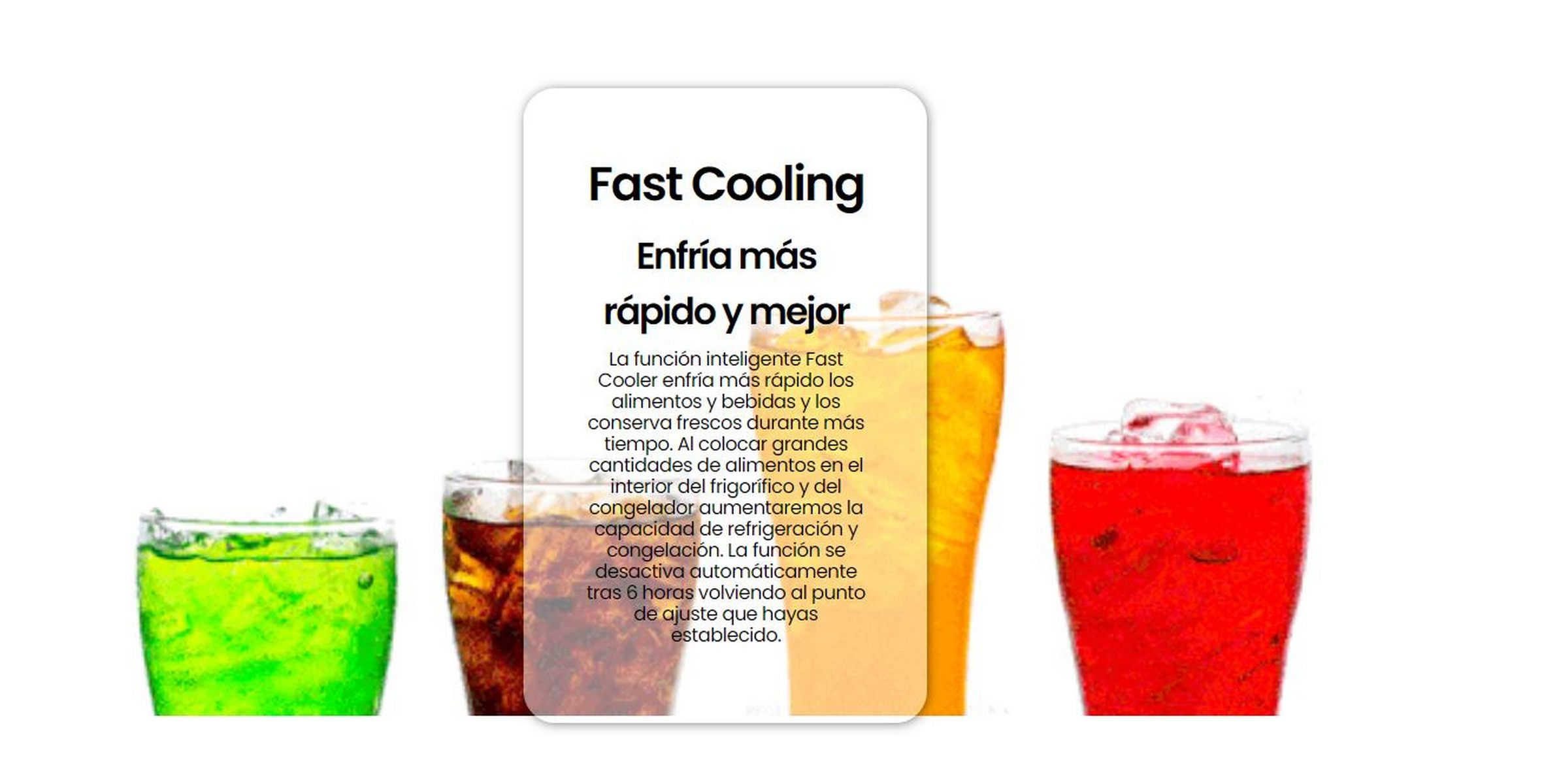 Vasos con bebidas. Texto: Enfriamiento rápido, 'Enfría más rápido y mejor', detalles sobre la función.