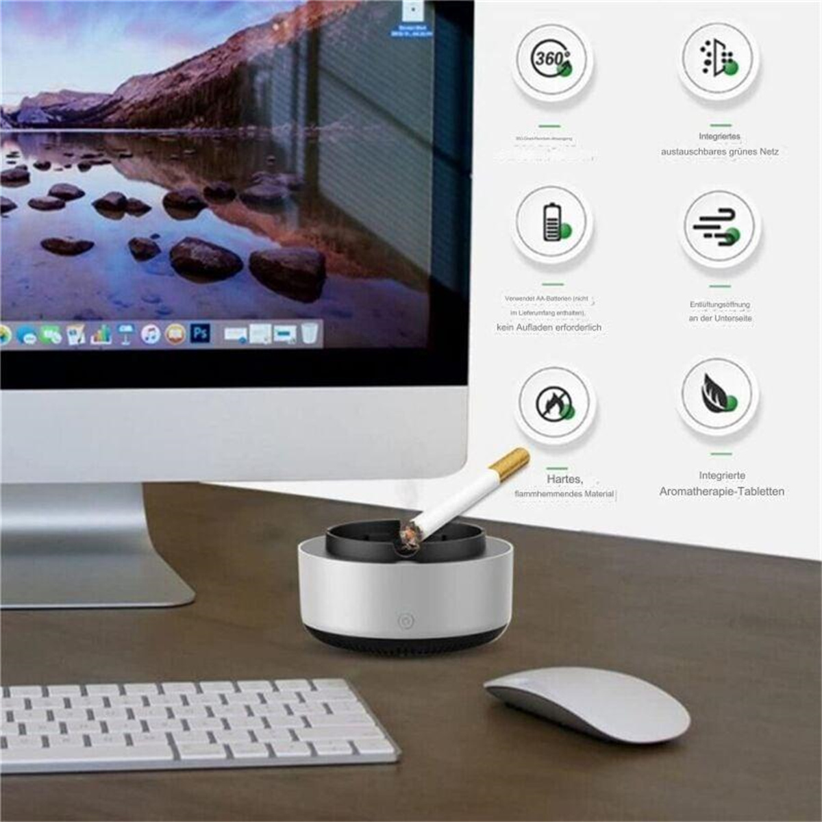 Aschenbecher mit Zigarette, Maus und Tastatur auf dem Schreibtisch. Symbole und Monitor im Hintergrund.