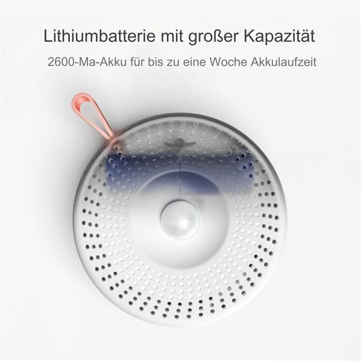 Ein weißes und graues rundes Gerät mit Löchern. Der Text lautet 'Lithiumbatterie mit großer Kapazität'.