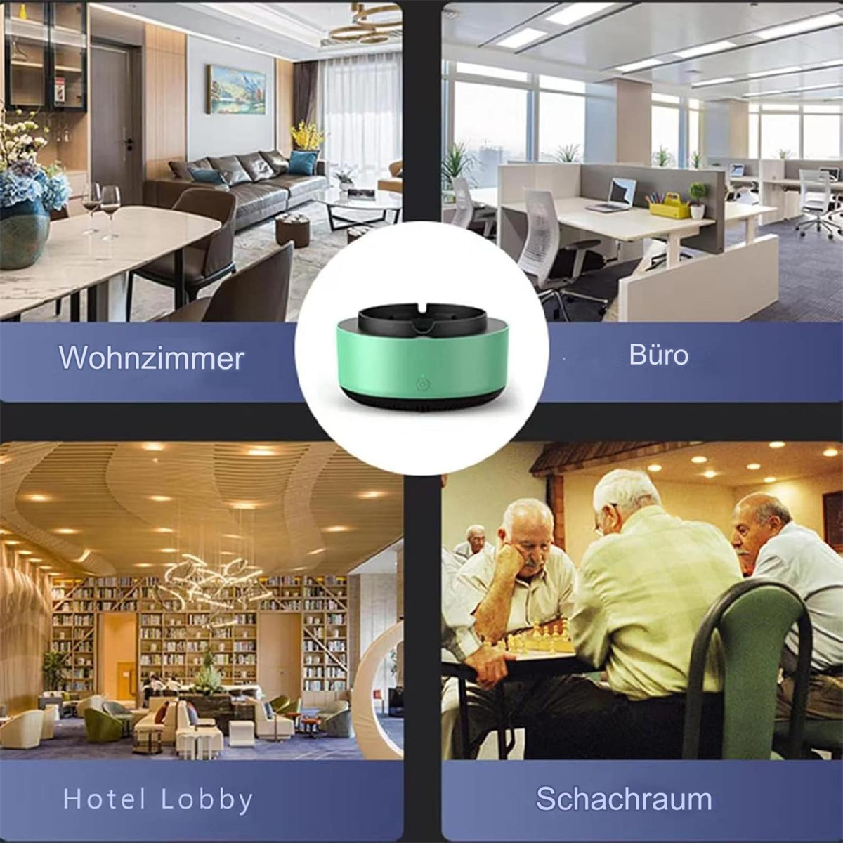 Ein Aschenbecher befindet sich inmitten von vier Bildern: Wohnzimmer, Büro, Hotellobby und Schachraum.