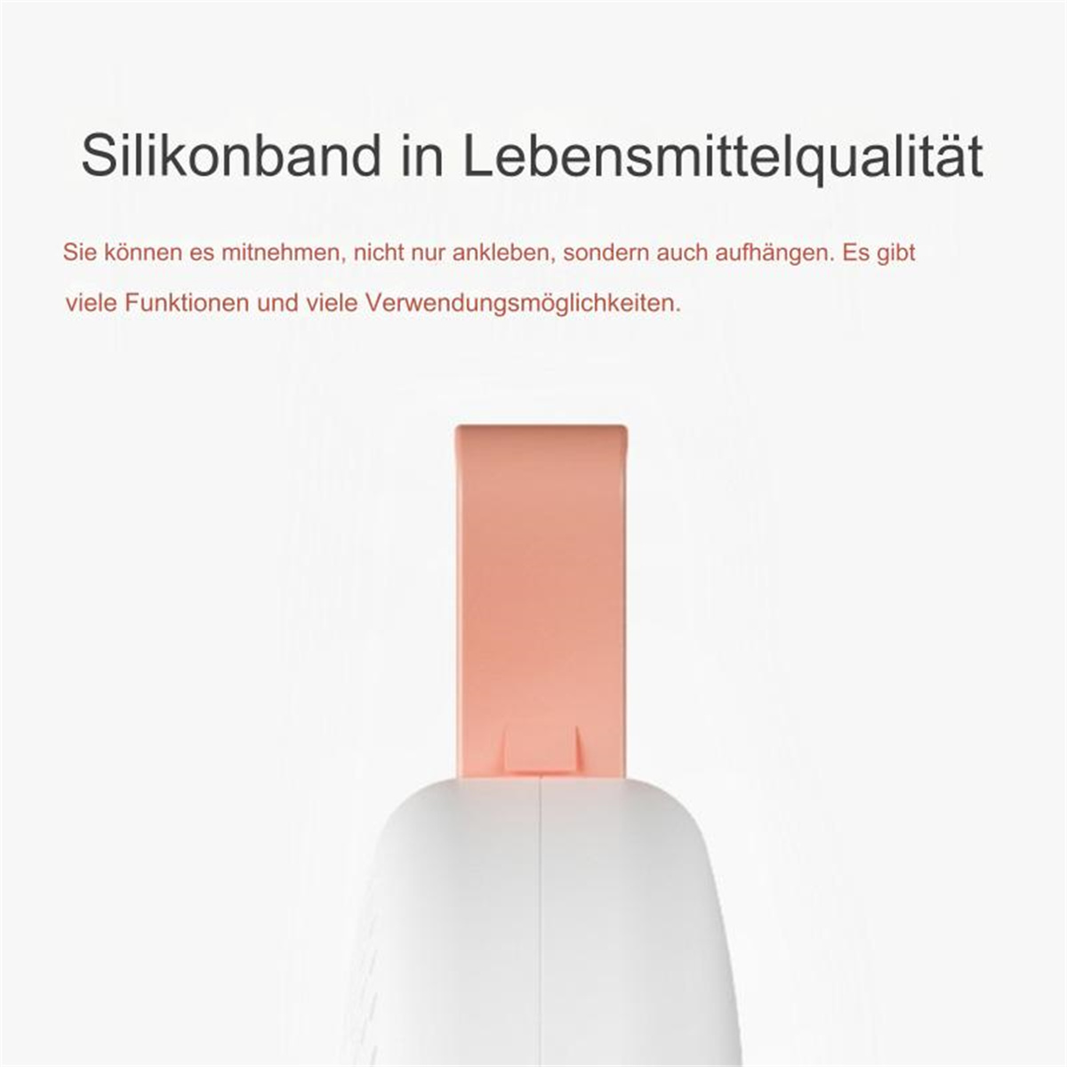 Nahaufnahme eines weißen und rosa Objekts mit deutschem Text. Das Objekt ist ein Silikonband in Lebensmittelqualität.