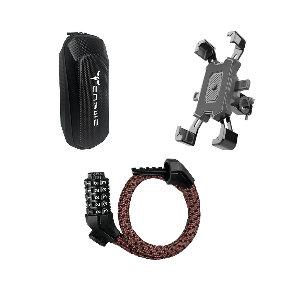 Drei schwarze Fahrradzubehörteile: eine Tasche, eine Telefonhalterung und ein Fahrradschloss.