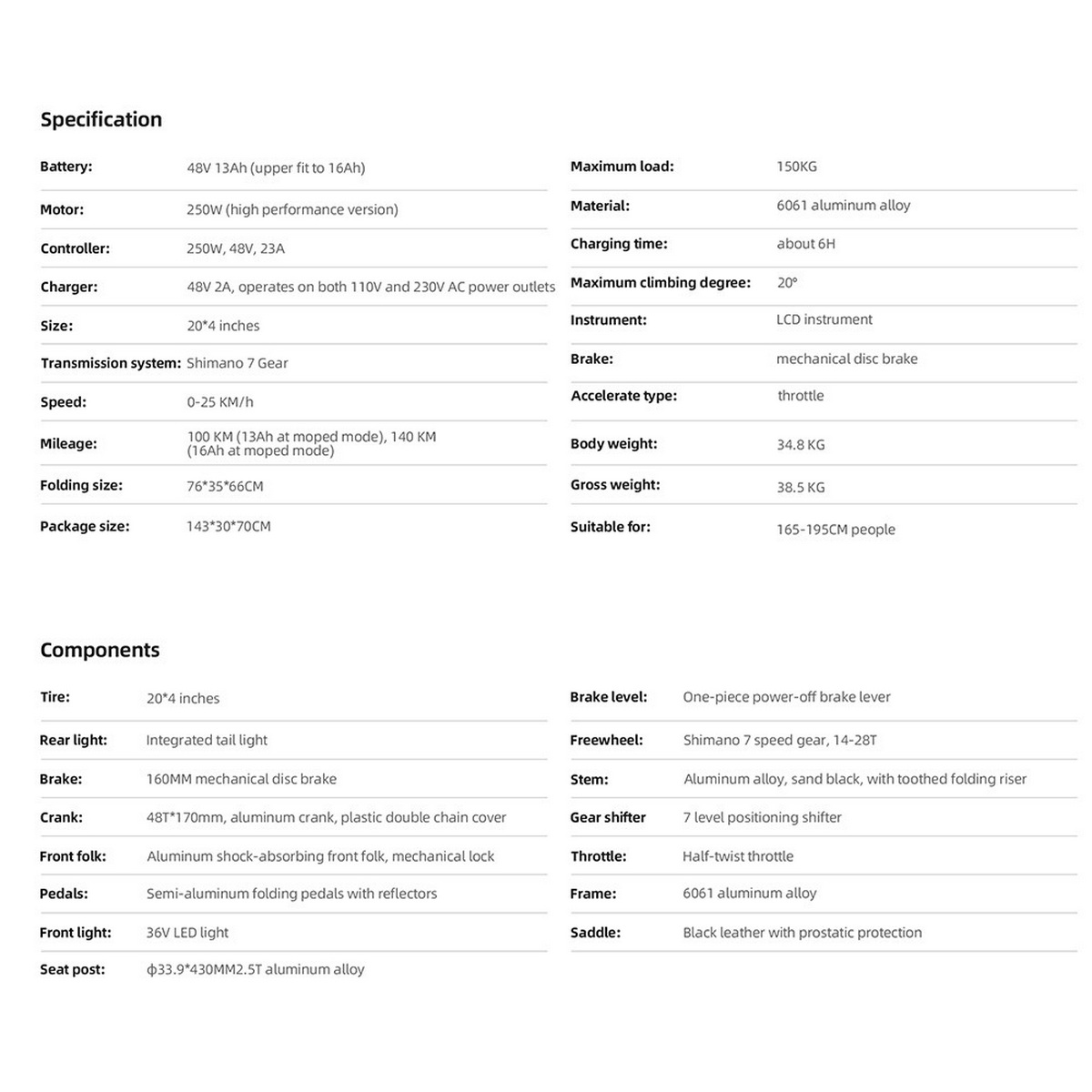Spezifikationen Text auf weißem Hintergrund. Listet Funktionen und Abmessungen auf. Schwarzer Text.