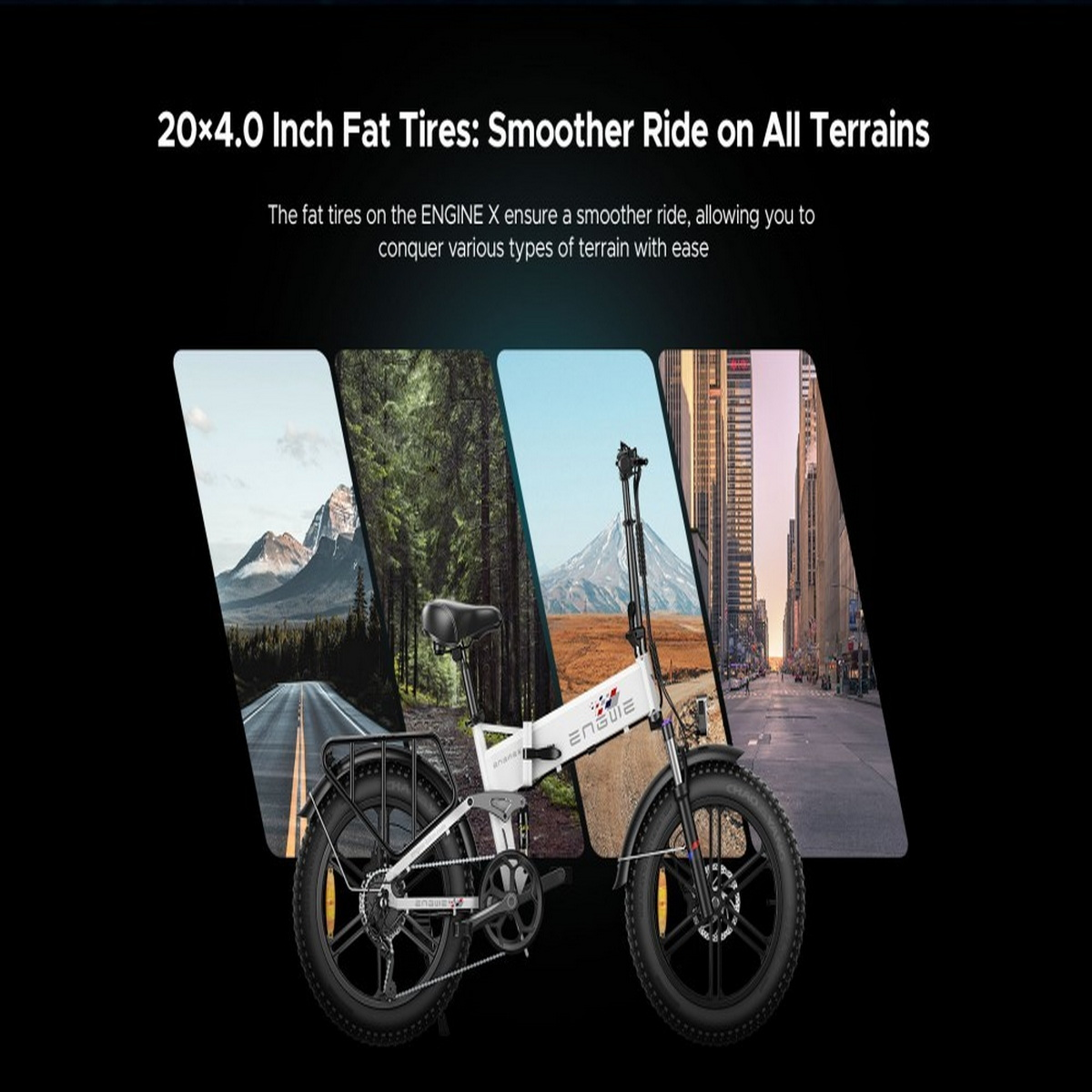 Ein Elektrofahrrad auf verschiedenen Terrains. Das Fahrrad ist weiß mit schwarzem Sitz und Reifen.