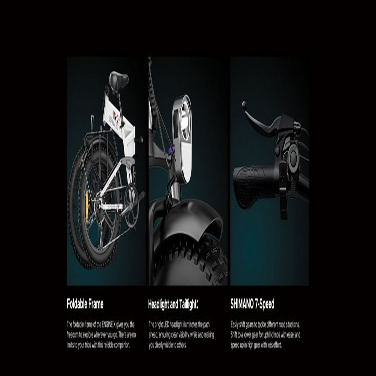 Ein Elektrofahrrad mit Details zu faltbarem Rahmen, Scheinwerfer und Gängen.