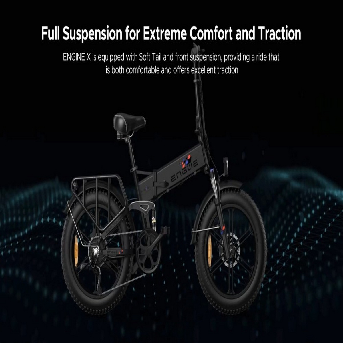 Schwarzes, faltbares Elektrofahrrad mit schwarzen Reifen auf dunklem Hintergrund. Text über Komfort und Traktion.