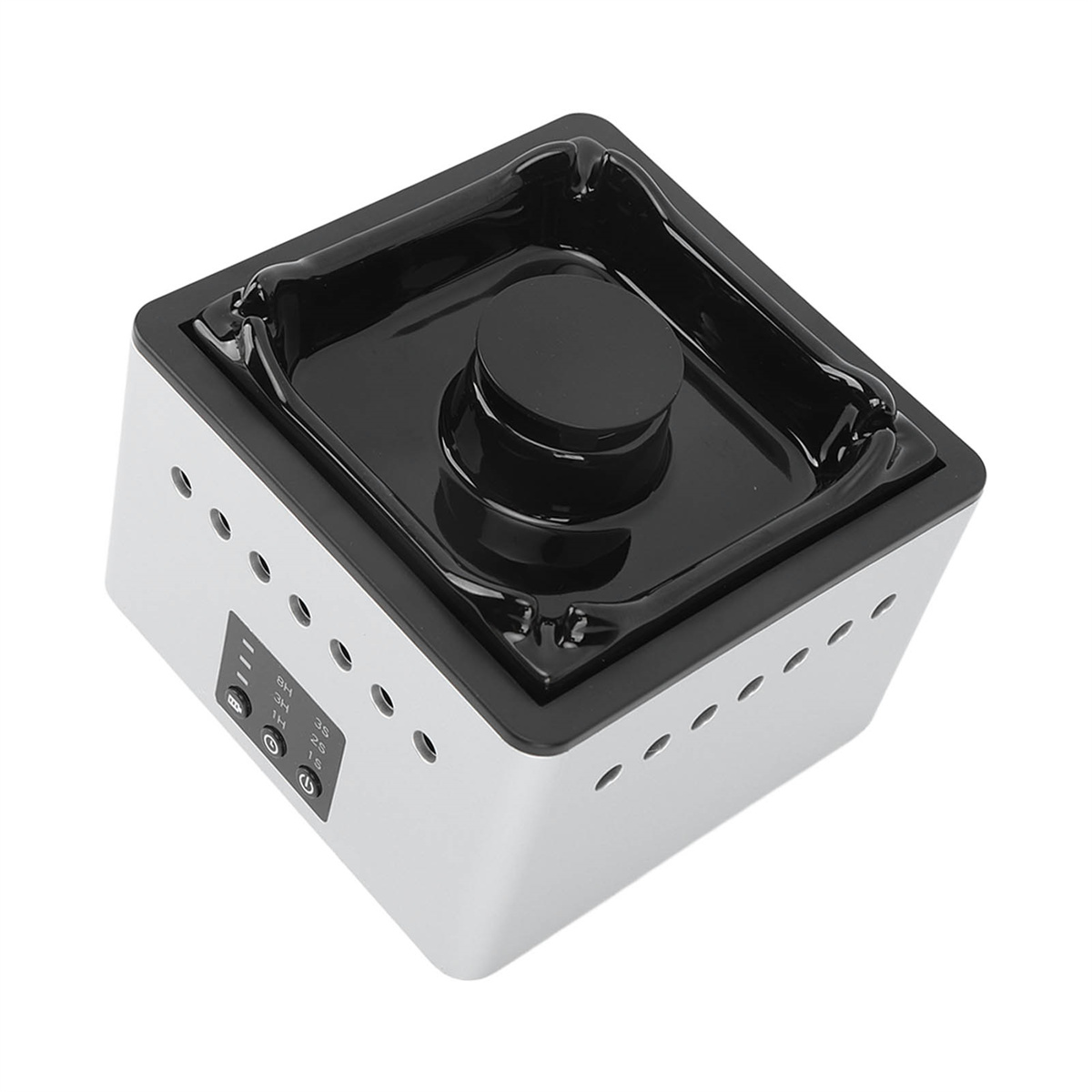 Ein weiß-schwarzer Aromatherapie-Diffusor mit Power- und Timer-Tasten, Draufsicht.