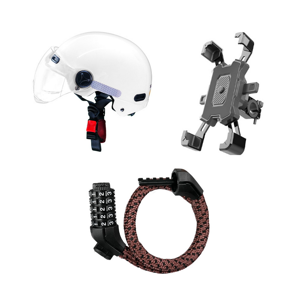 Casco, soporte para teléfono y candado de bicicleta con números.