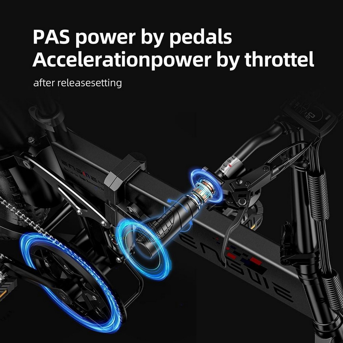 Nahaufnahme von Pedalen und Gashebel eines E-Bikes, mit Fokus auf die Komponenten.