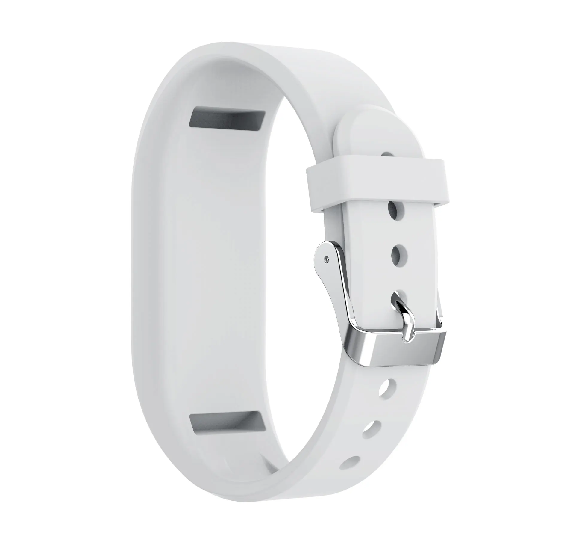Ein weißes Uhrenarmband mit Metallschnalle, vor weißem Hintergrund dargestellt.