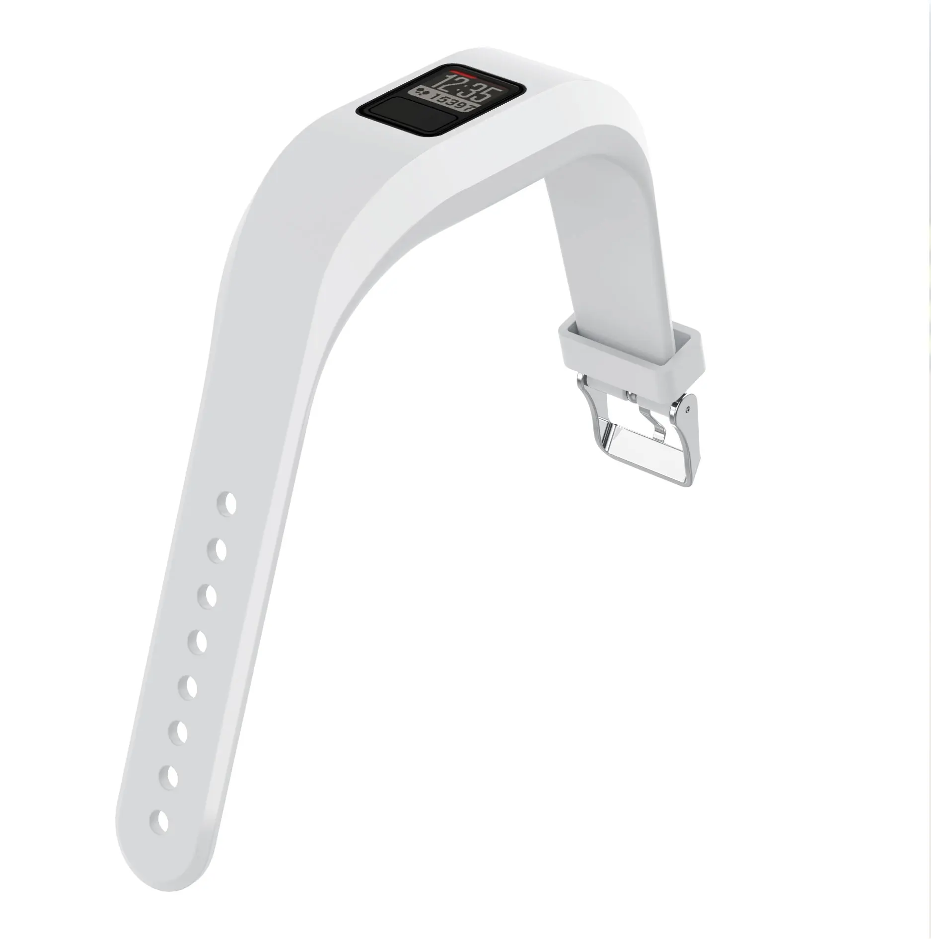 Ein weißes Fitness-Tracker-Armband mit kleinem Bildschirm, der Zeit und Schritte anzeigt.