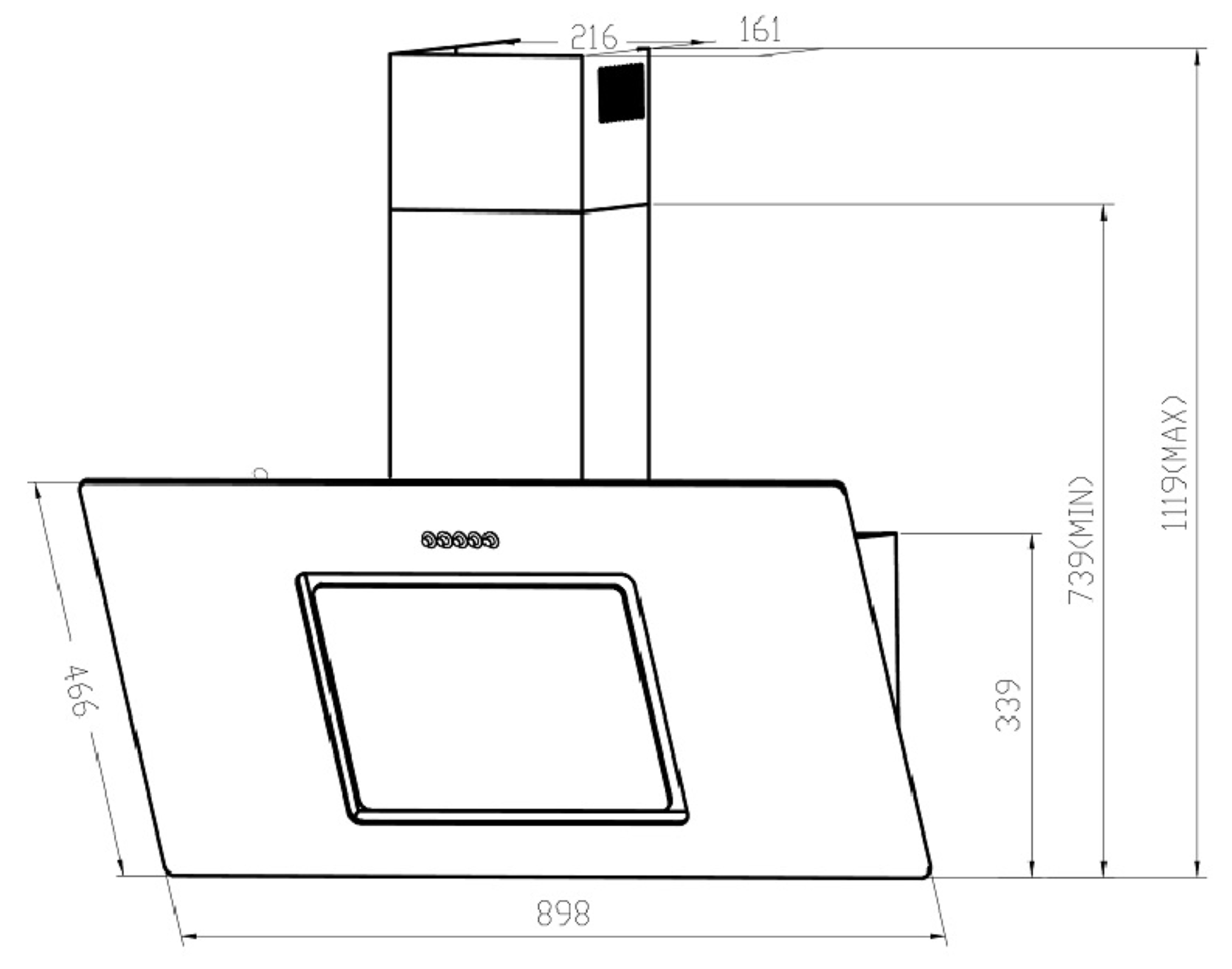Lijntekening van een afzuigkap met afmetingen in millimeters. Witte achtergrond.