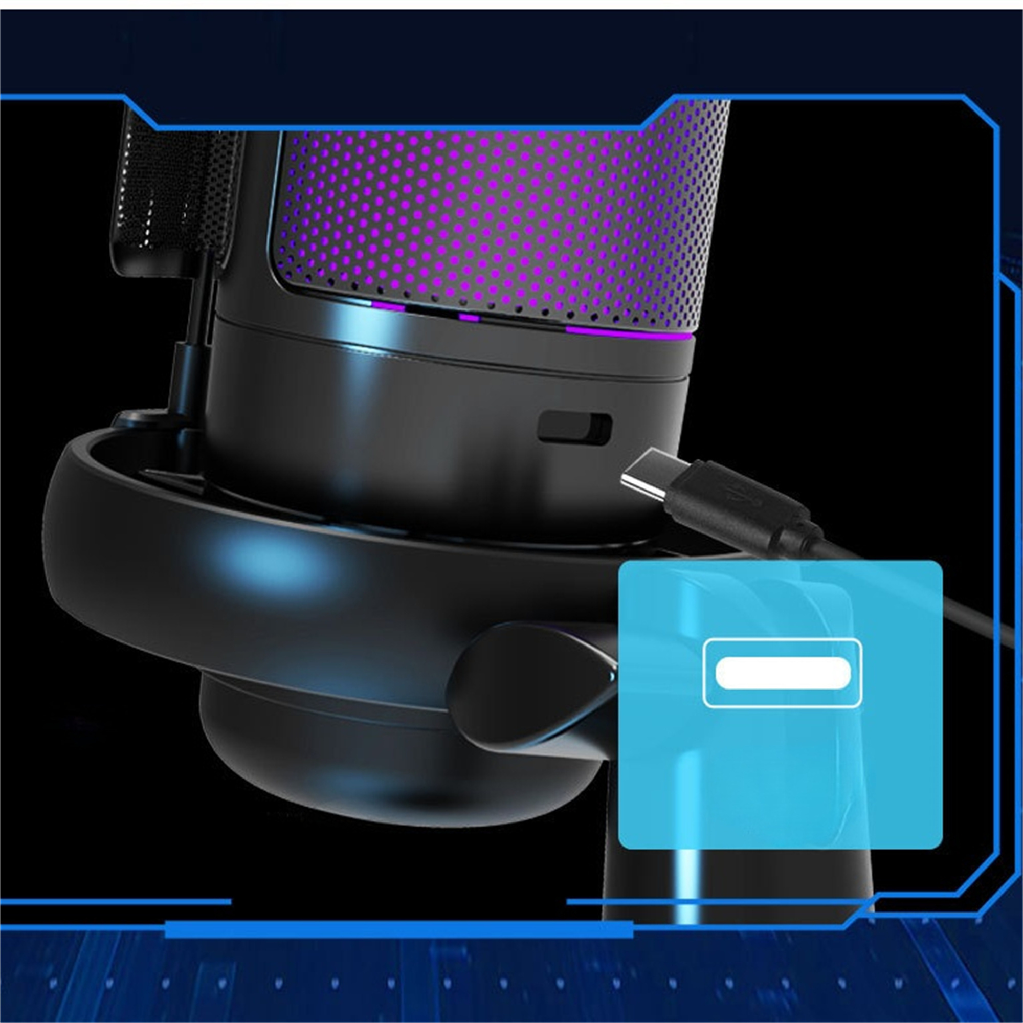 Schwarzes Mikrofon mit lila Mesh und einem angeschlossenen USB-C-Kabel. Blauer Highlight-Rahmen.