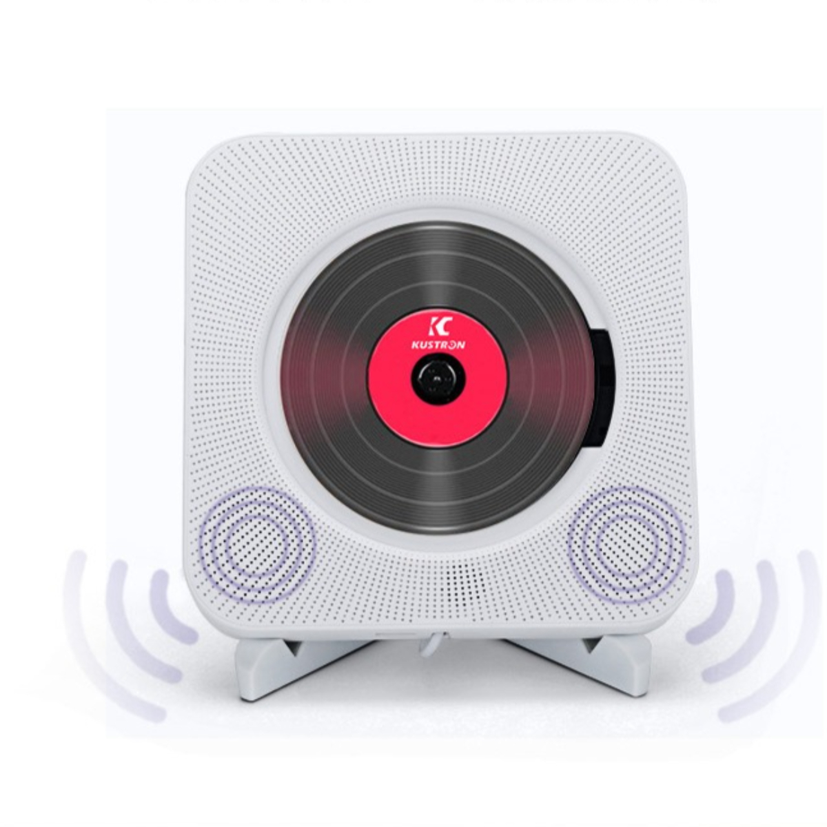 Weißer CD-Player mit einer schwarzen Schallplatte im Inneren. Er steht auf einem weißen Ständer und hat zwei Lautsprecherbereiche.