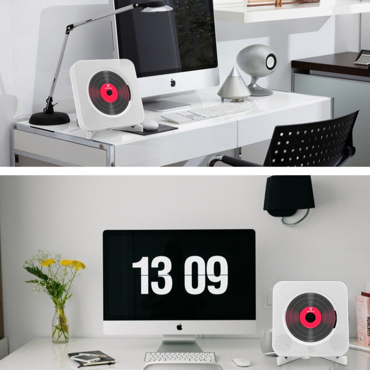 Zwei Bilder eines weißen CD-Players mit roter Disc. Auf einem weißen Schreibtisch mit Computer.
