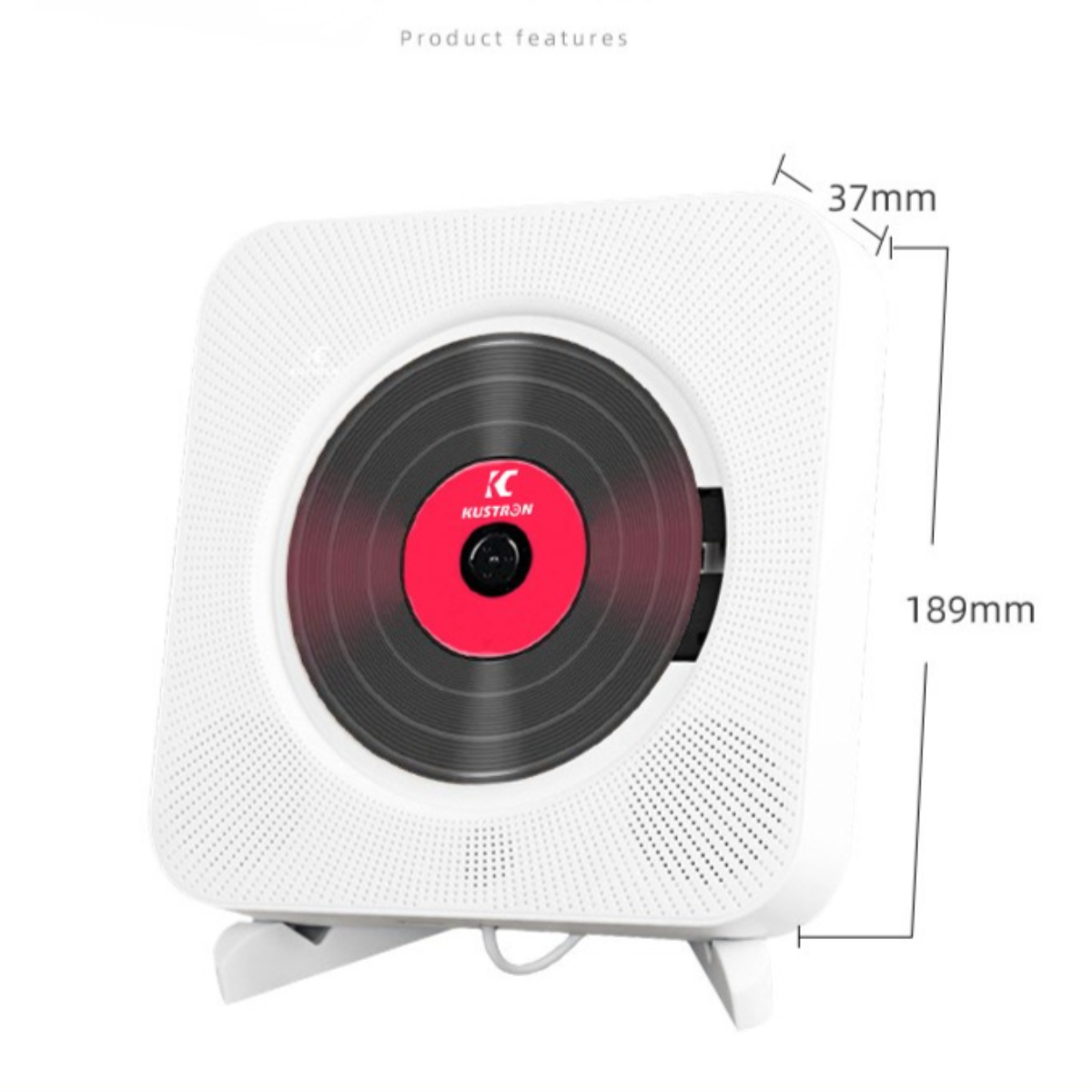 Weißer quadratischer CD-Player mit schwarzer CD. Abmessungen sind in mm angegeben.