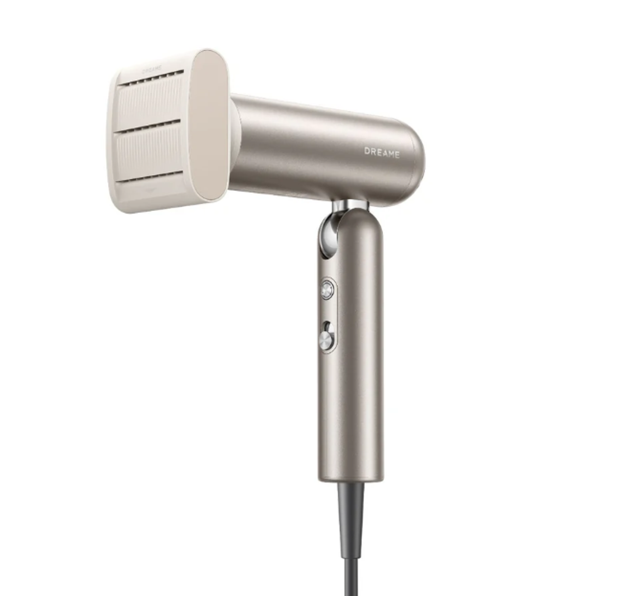Srebrna i biała suszarka do włosów z kwadratową głowicą i uchwytem. Ma czarny przewód.