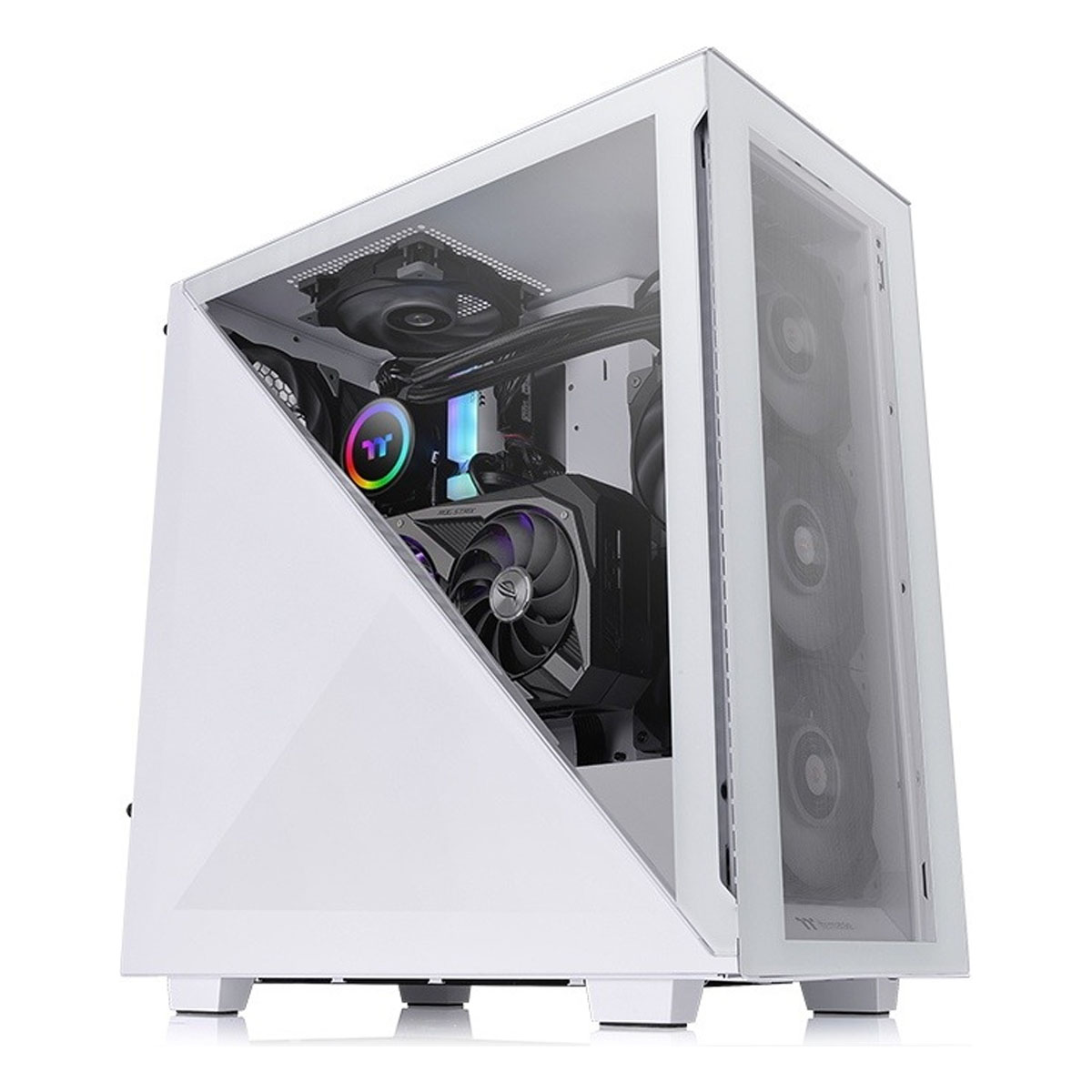 Un case per computer bianco con pannello laterale in vetro, design angolato e componenti interni.