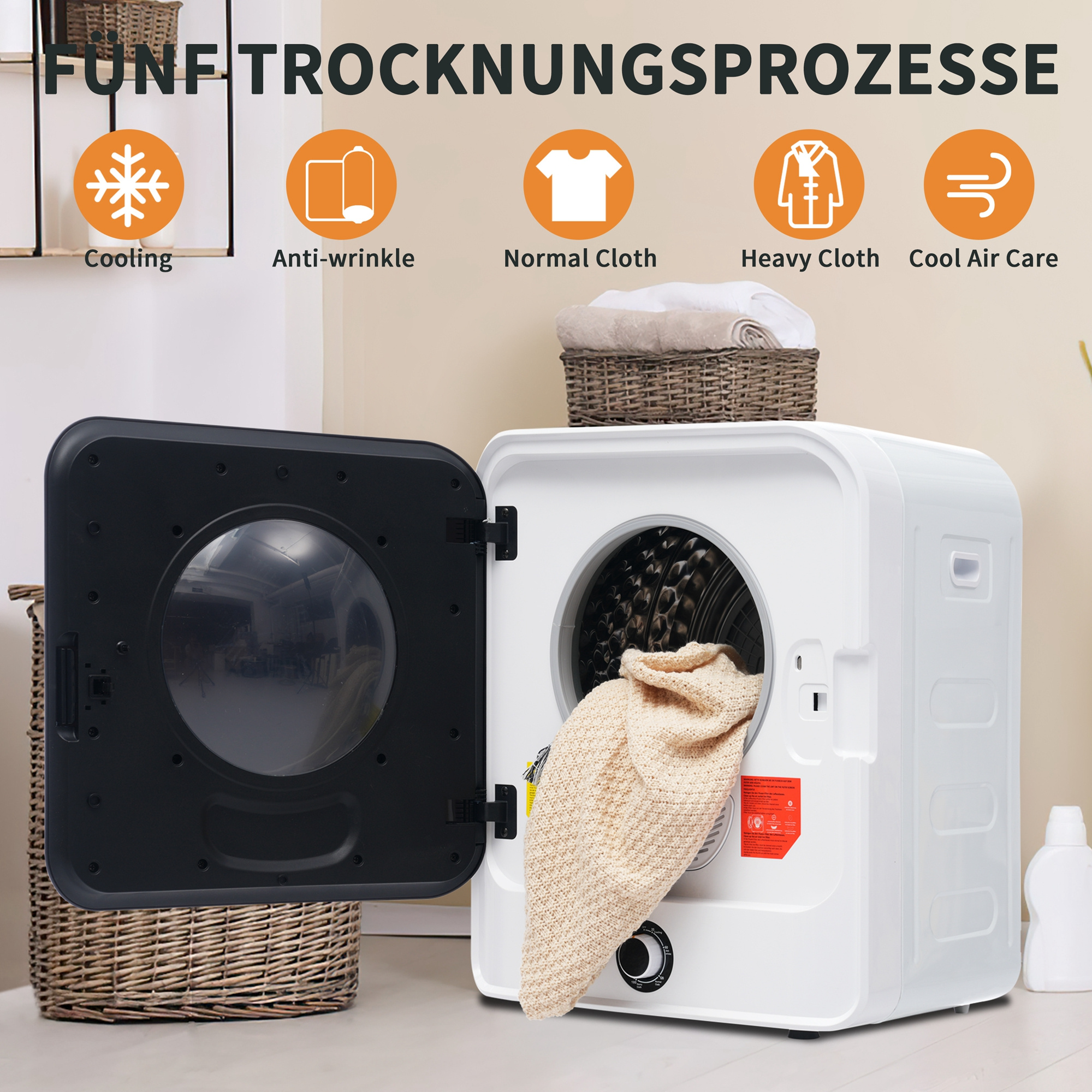 Weißer Trockner mit offener schwarzer Tür. Innen, ein beiges Tuch. Holzkorb und Flaschen.