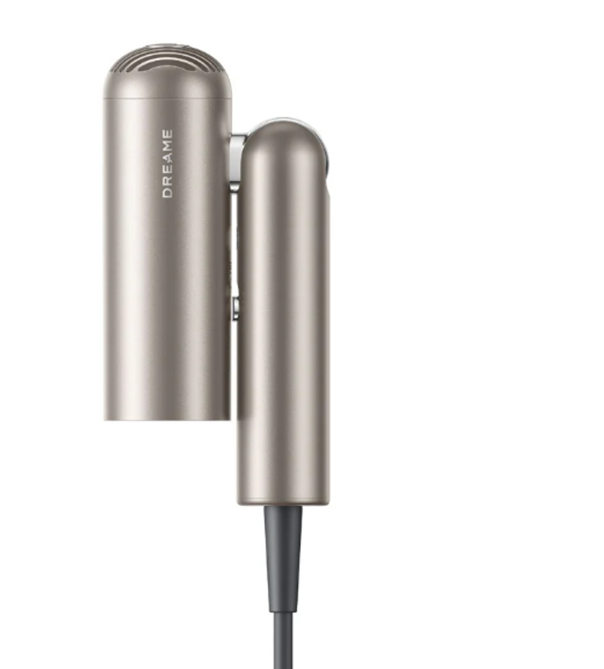 Srebrny mikrofon z dwoma cylindrami i czarnym przewodem, na białym tle.