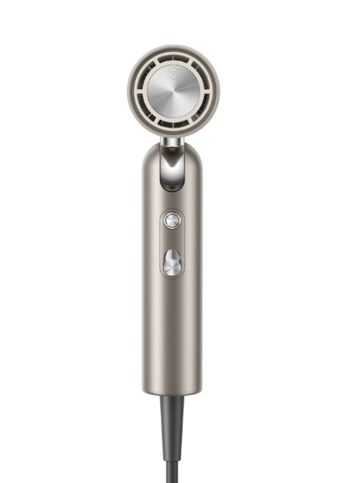 Srebrna, nowoczesna głowica prysznicowa z uchwytem i dwoma przyciskami. Ma czyste białe tło.