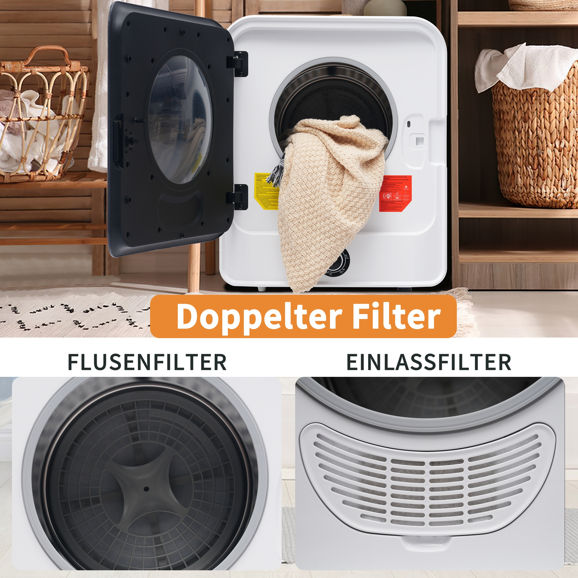 Ein weißer Trockner mit offener Tür, zeigt die Filter.