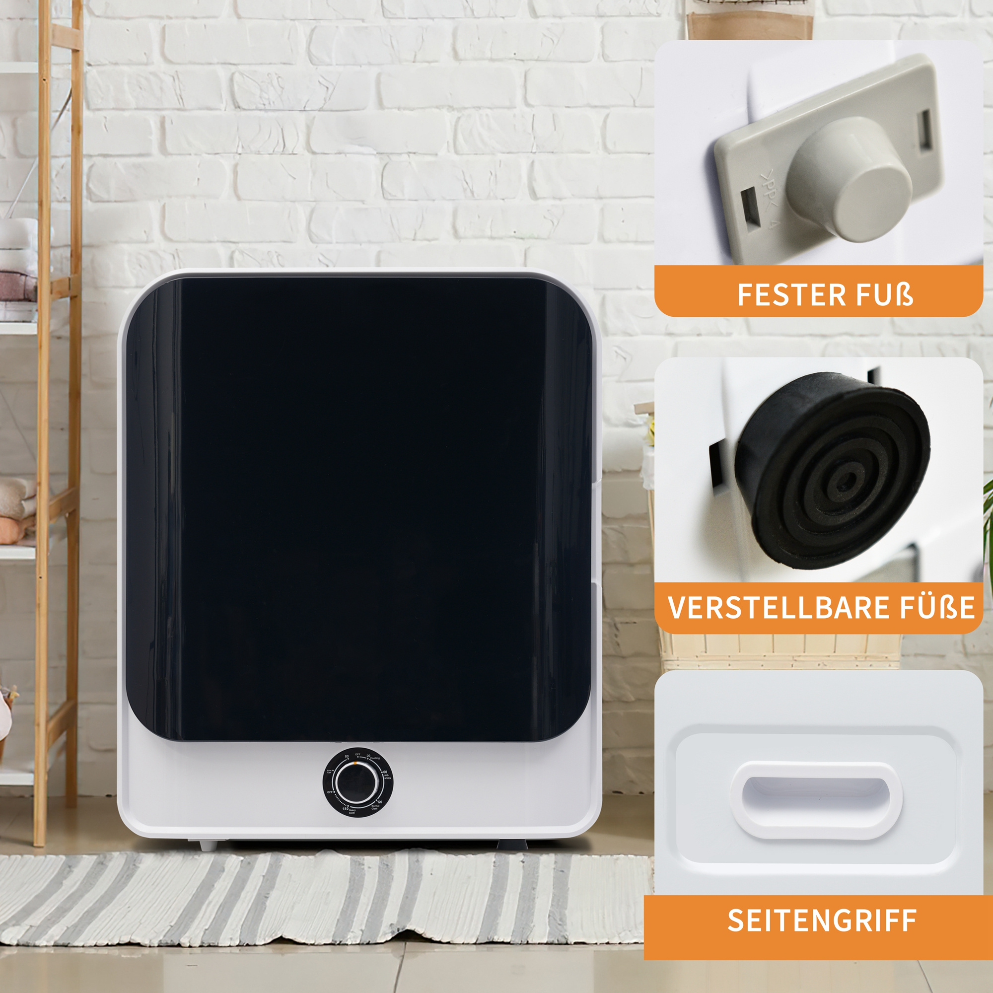 Weiß-schwarze Waschmaschine mit Drehknopf, Nahaufnahmen von Füßen und Griff, vor einer weißen Ziegelmauer.