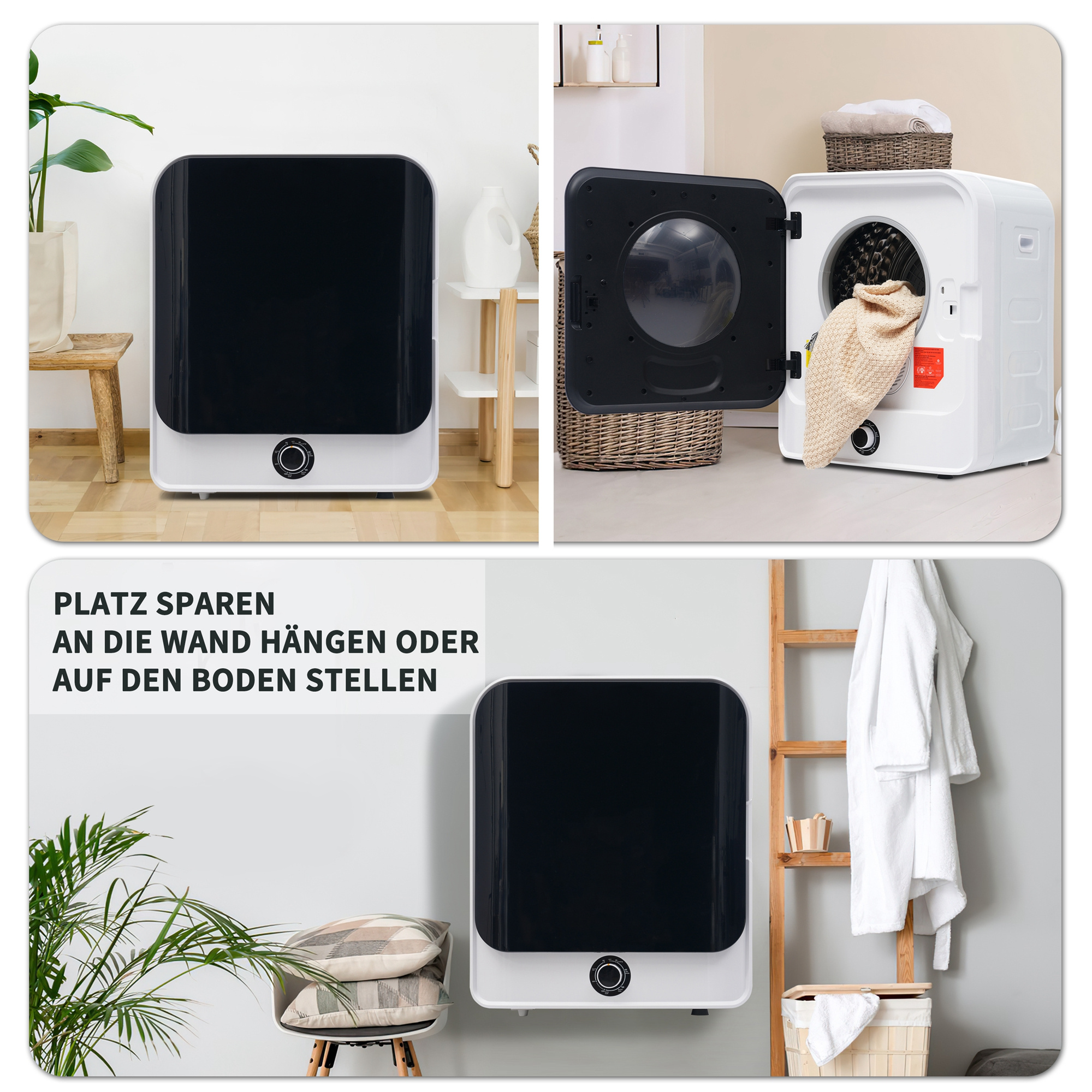 Drei Fotos zeigen einen weißen Mini-Trockner. Der Trockner ist geöffnet, in Gebrauch und an der Wand montiert.