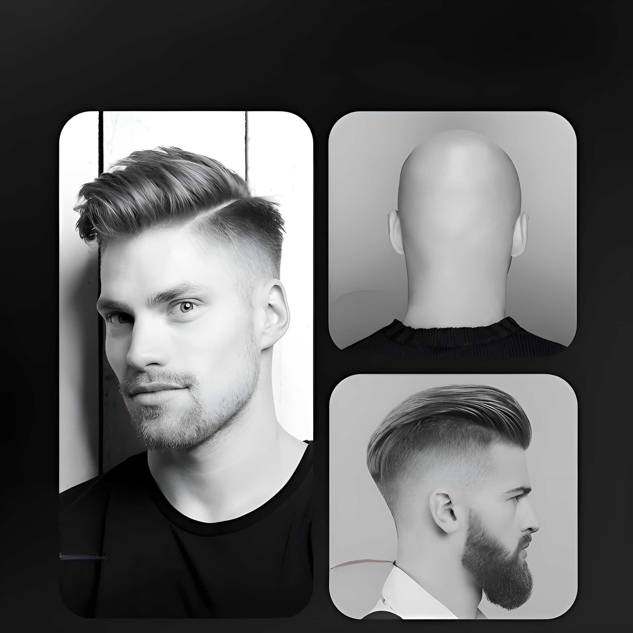 Ein Mann mit stylischem Haarschnitt. Das Bild zeigt den Rücken eines kahlen Mannes und einen Mann mit Bart.