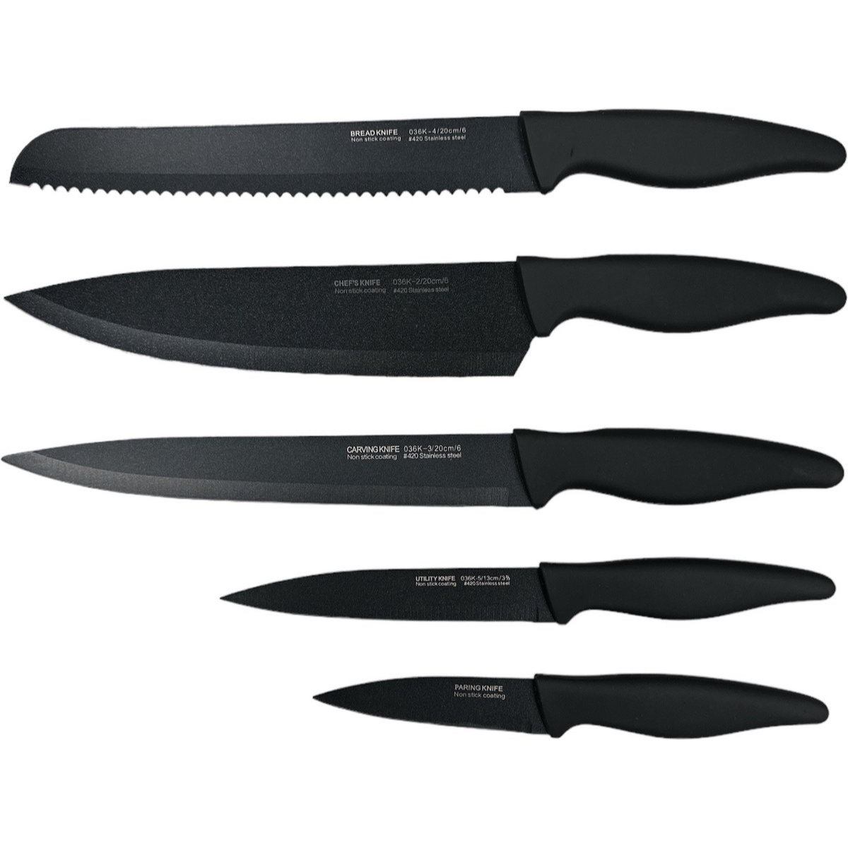 Pięć czarnych noży kuchennych: do chleba, szefa kuchni, do krojenia, uniwersalny i do obierania. Każdy ma czarny uchwyt.
