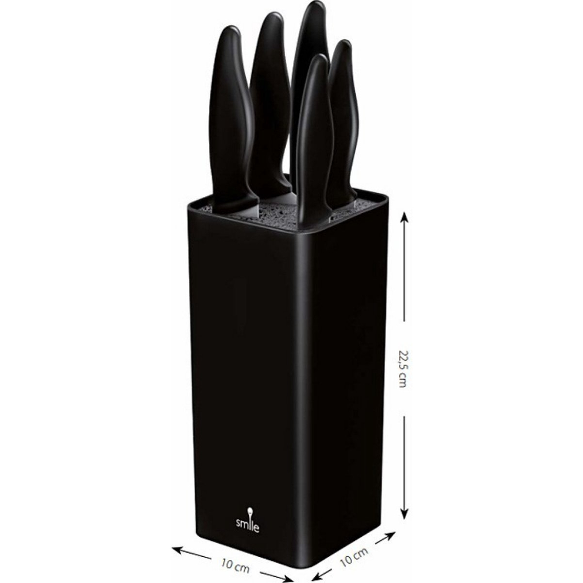 Czarny blok na noże z sześcioma czarnymi nożami w środku. Podano wymiary bloku.