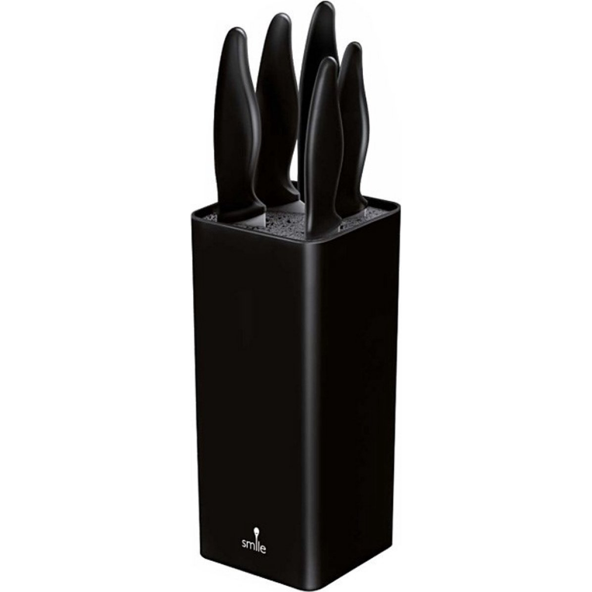 Zestaw sześciu czarnych noży kuchennych w czarnym bloku.