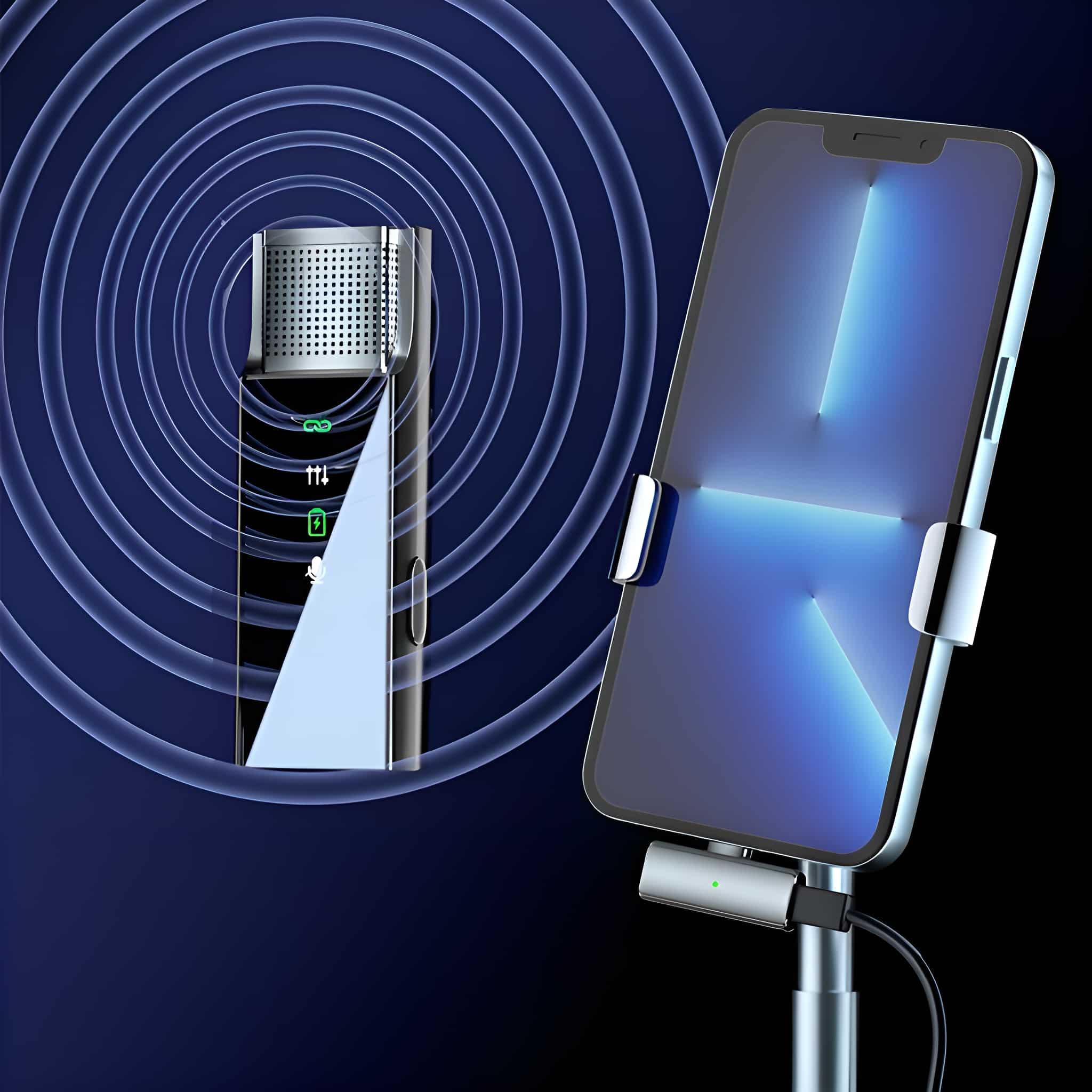 Ein schwarzes Mikrofon und ein Telefon auf einem Ständer. Blaue Kreise sind im Hintergrund.