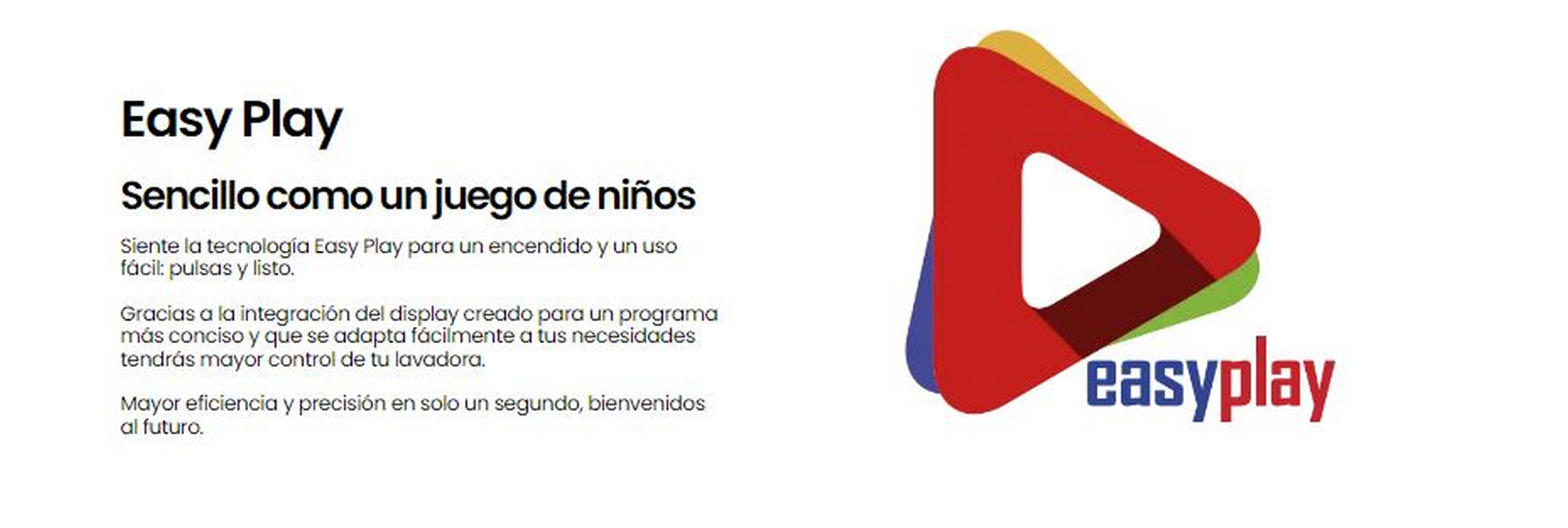 Logotipo Easy Play con texto y un símbolo de botón de reproducción rojo, amarillo y azul.