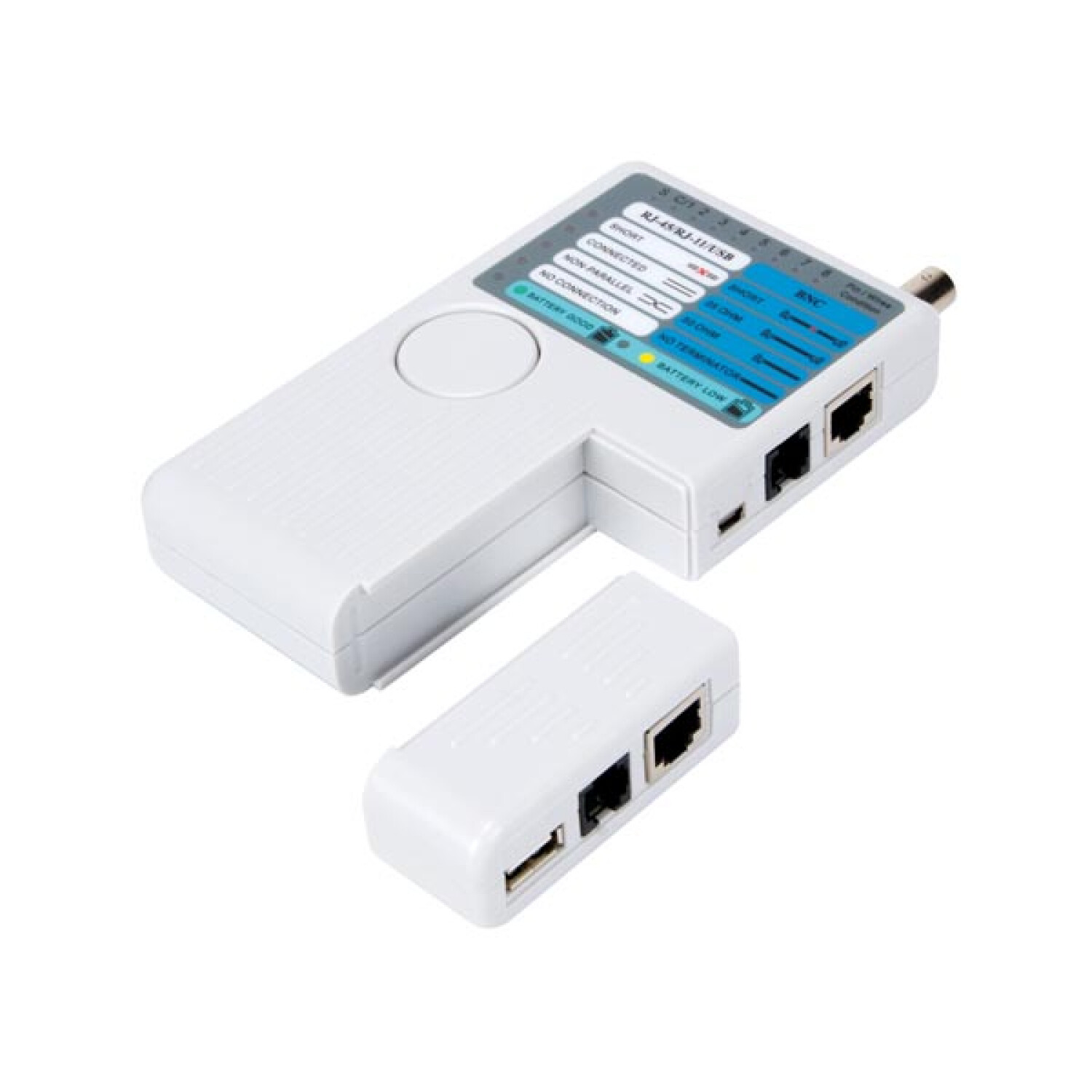 Weißer Netzwerkkabeltester mit zwei separaten Teilen.