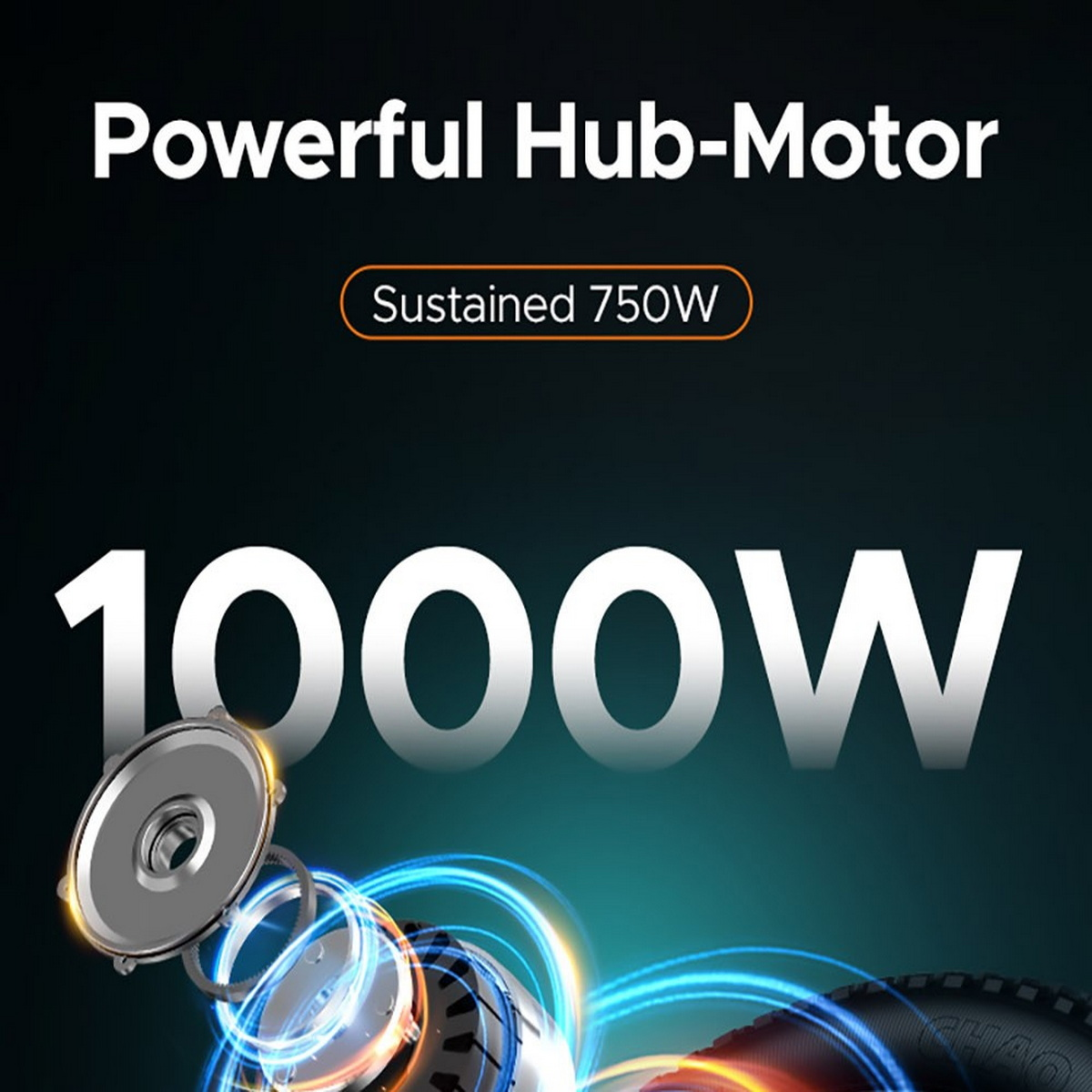 Nahaufnahme eines 1000W-Motors mit Text 'Powerful Hub-Motor'.