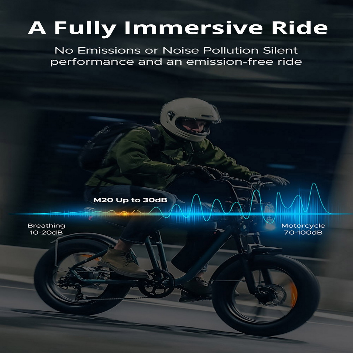 Eine Person fährt mit einem Elektrofahrrad auf einer Straße mit Textüberlagerung.
