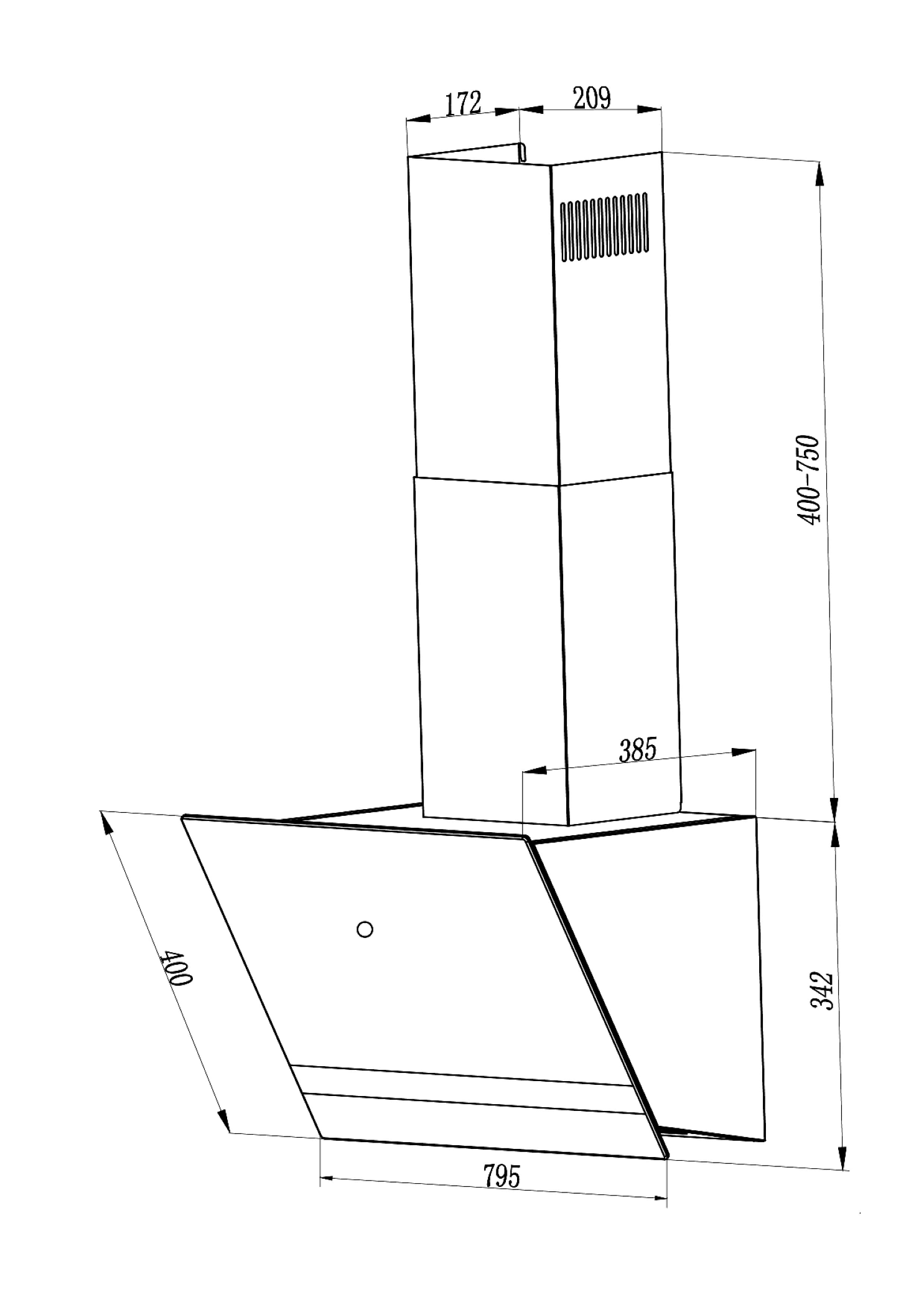 Technische tekening van een afzuigkap met afmetingen. De kap is wit en rechthoekig.