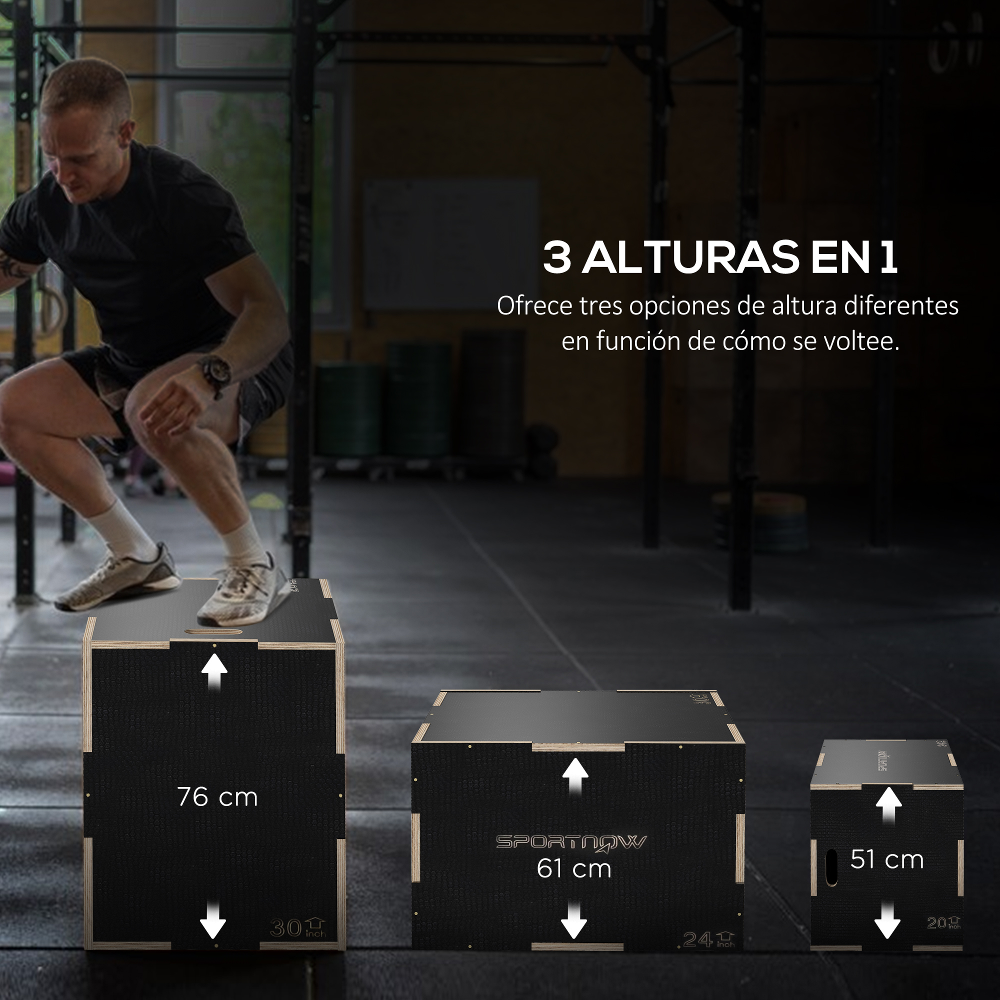 Un hombre saltando sobre una caja de madera, junto a otras dos cajas de diferentes alturas.