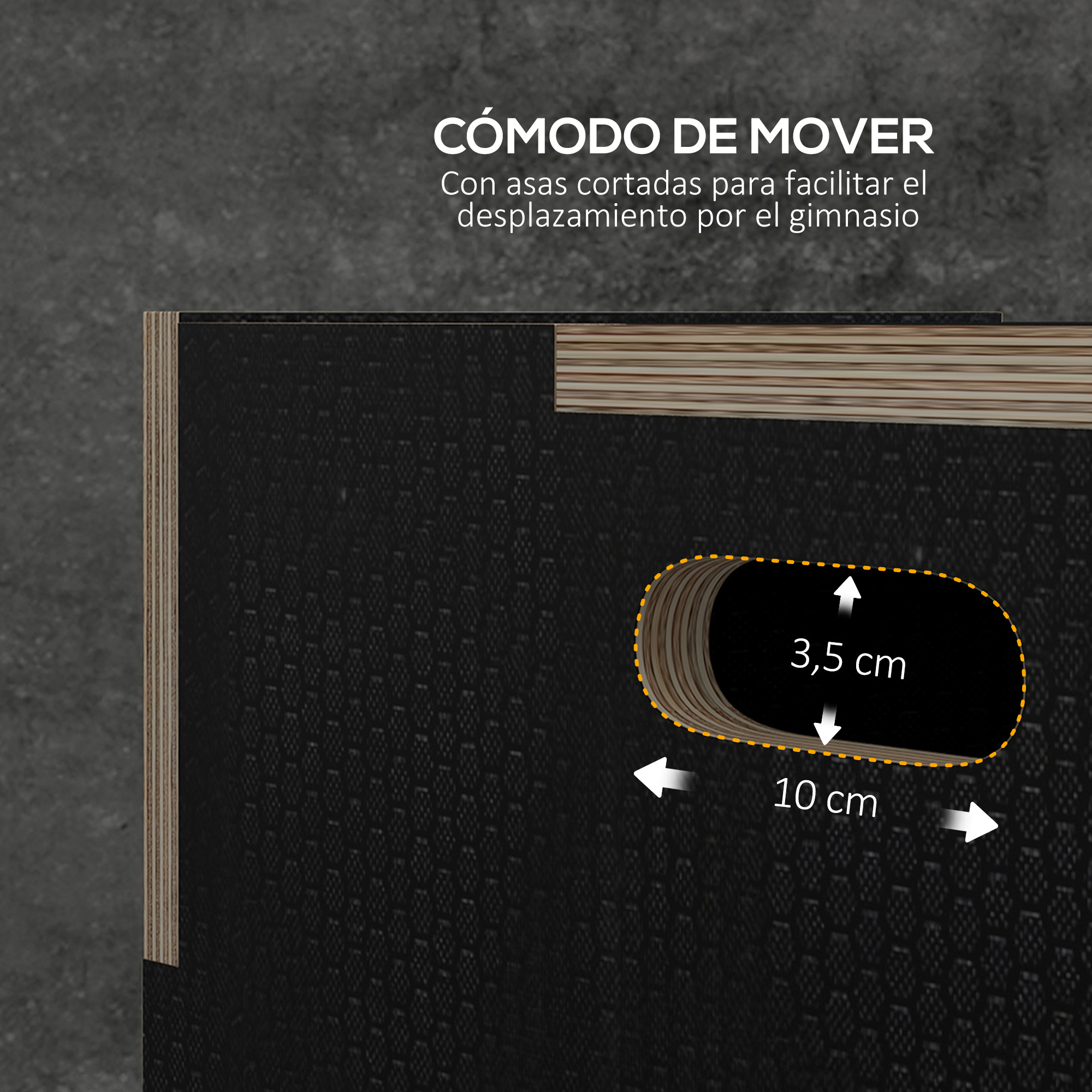 Caja de gimnasio negra y marrón con asa recortada y dimensiones etiquetadas en cm.