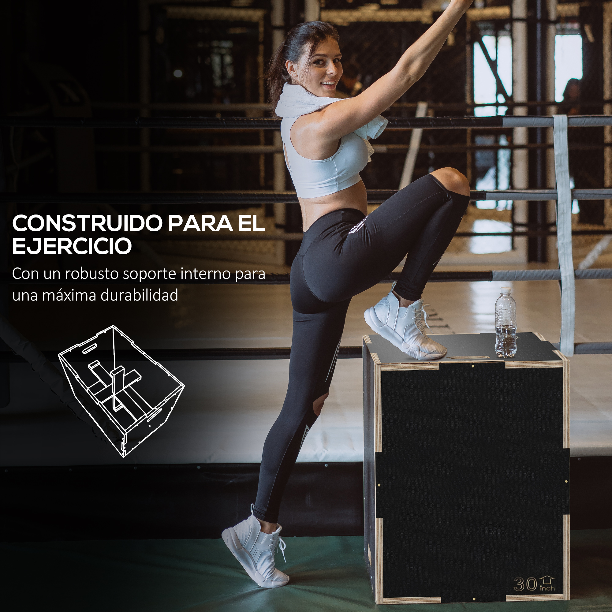 Una mujer haciendo ejercicio en una caja, con el texto 'CONSTRUIDO PARA EL EJERCICIO'.