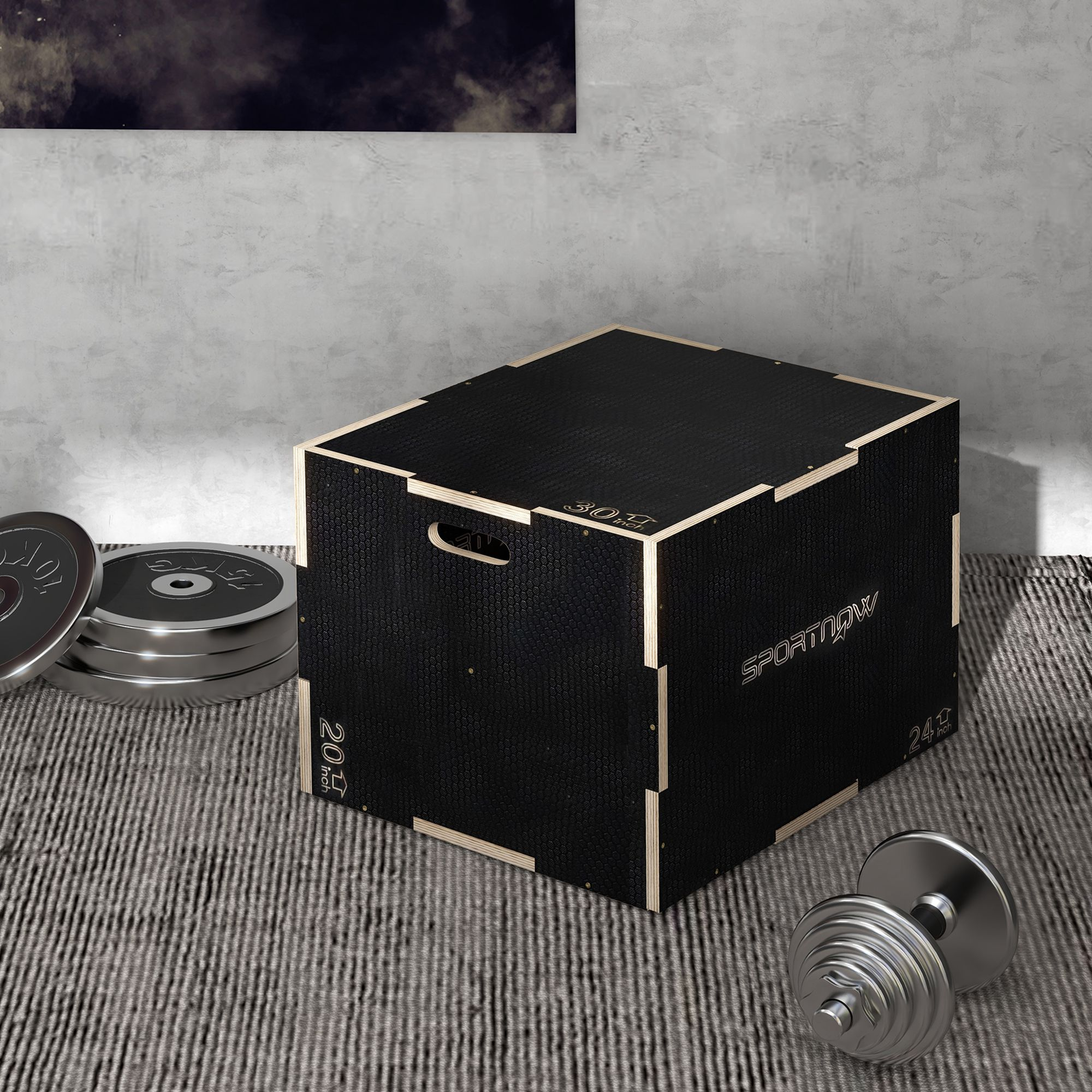 Caja de madera negra para pliometría, con pesas y una mancuerna al lado, sobre una alfombra gris.
