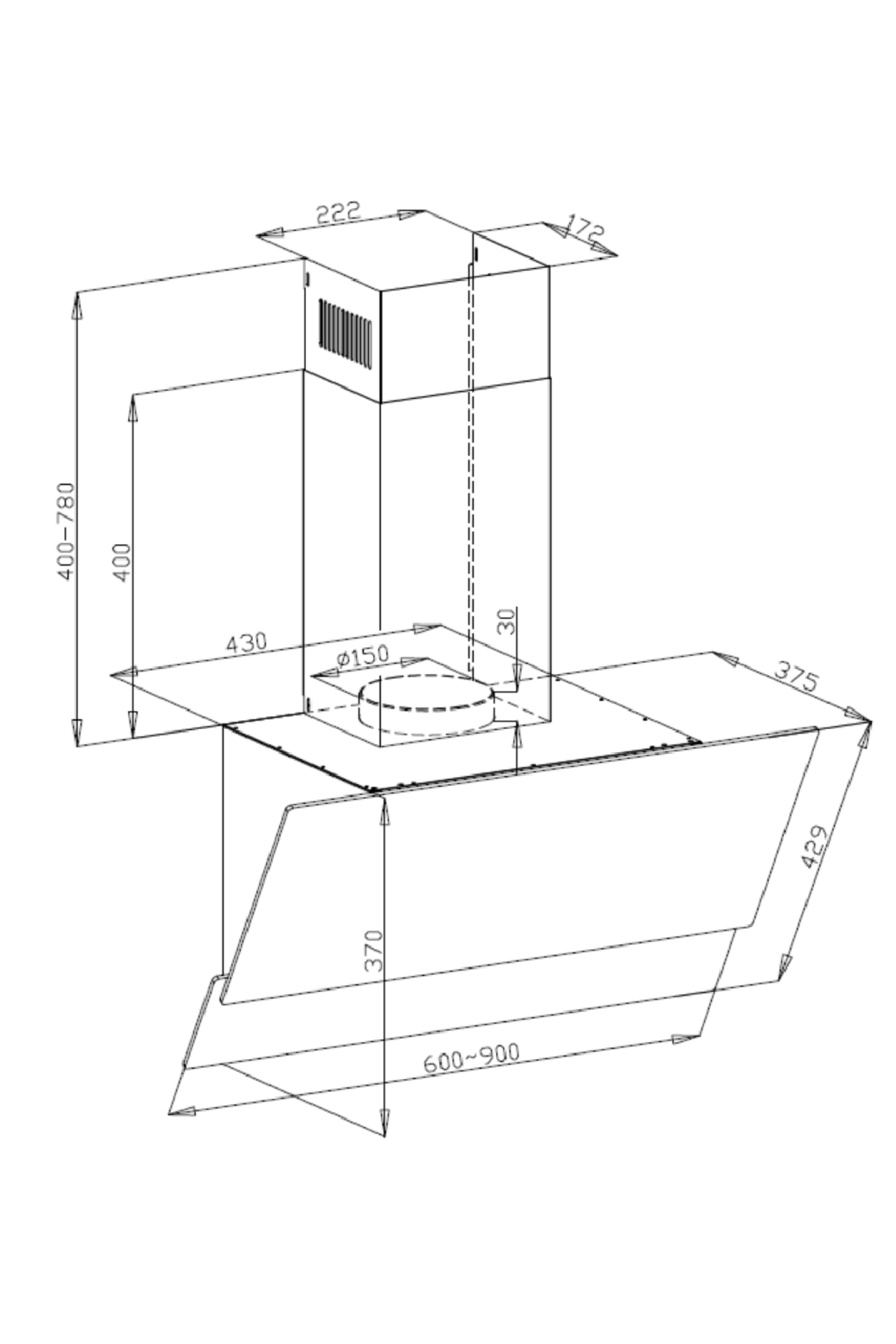 Technische tekening van een afzuigkap. Afmetingen en labels zichtbaar.