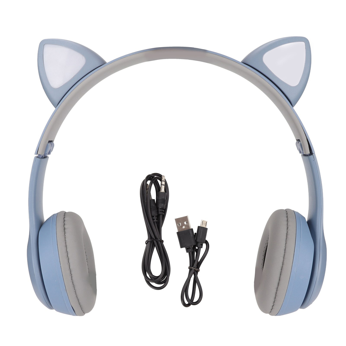 Blaue und graue Katzenohr-Kopfhörer mit Kabel und zwei kleineren Kabeln.