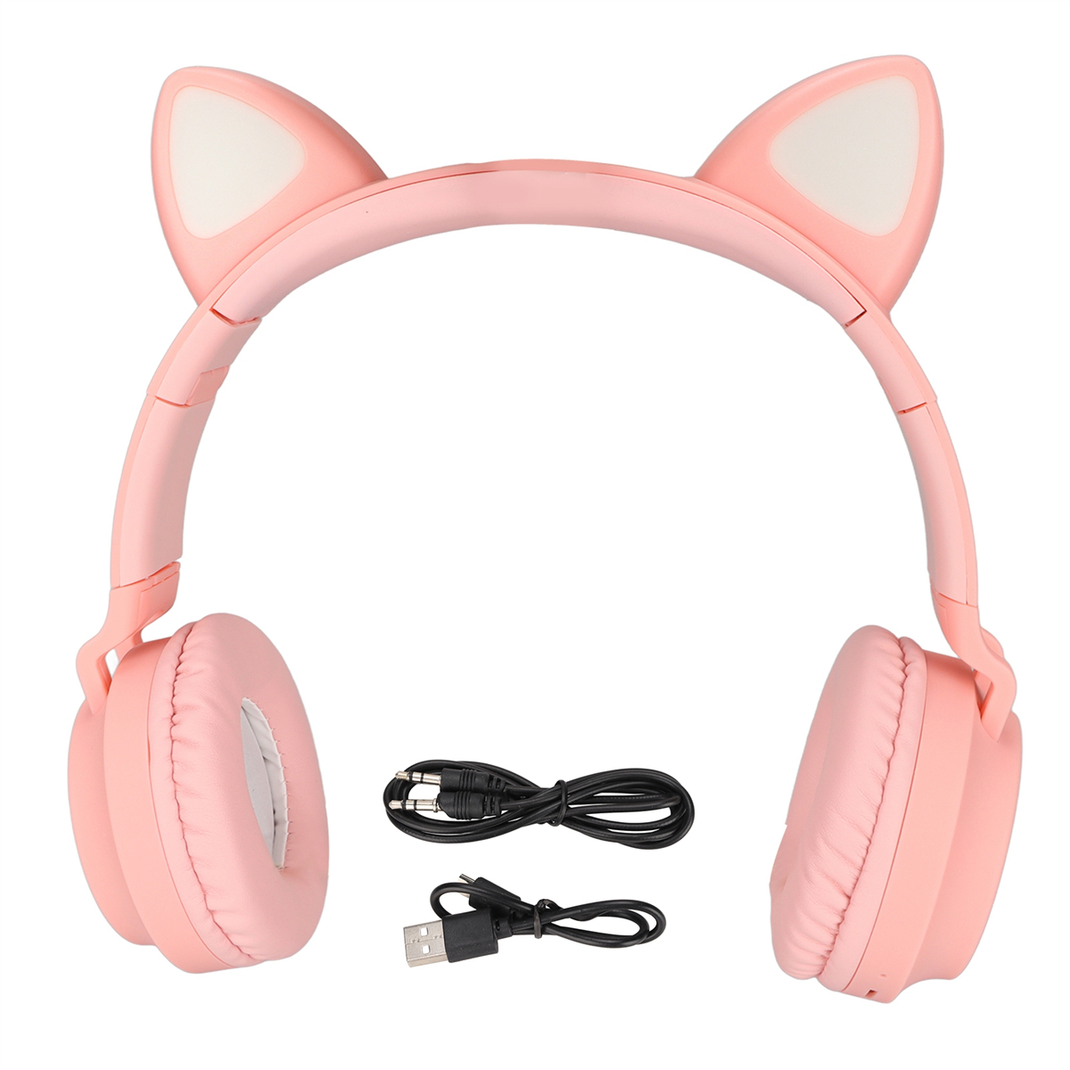 Rosa Katzenohrhörer mit Verbindungskabel und USB-Kabel. Ohrpolster sind rosa.