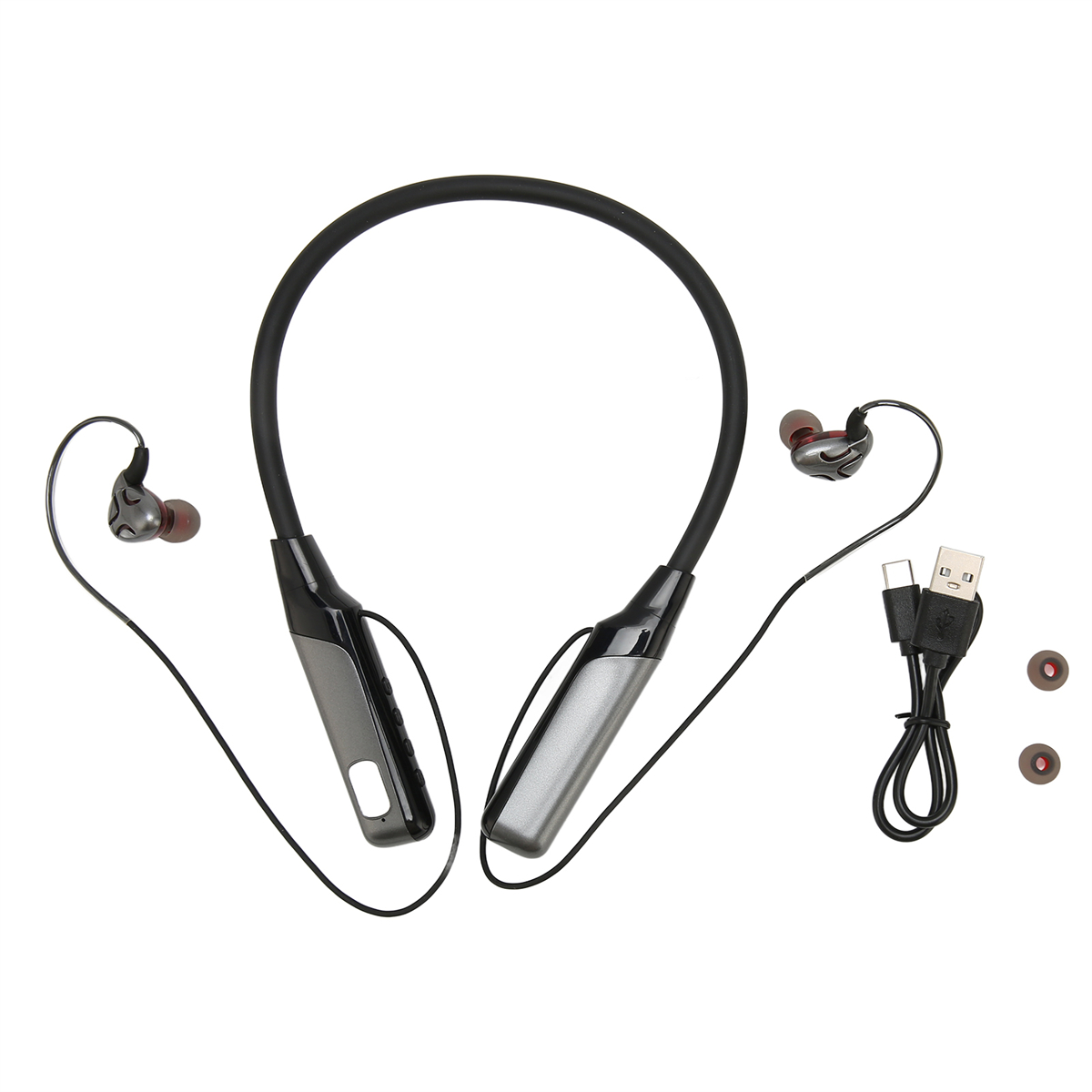 Nackenband-Funkkopfhörer mit Ohrhörern, Ladekabel und zusätzlichen Ohrspitzen.