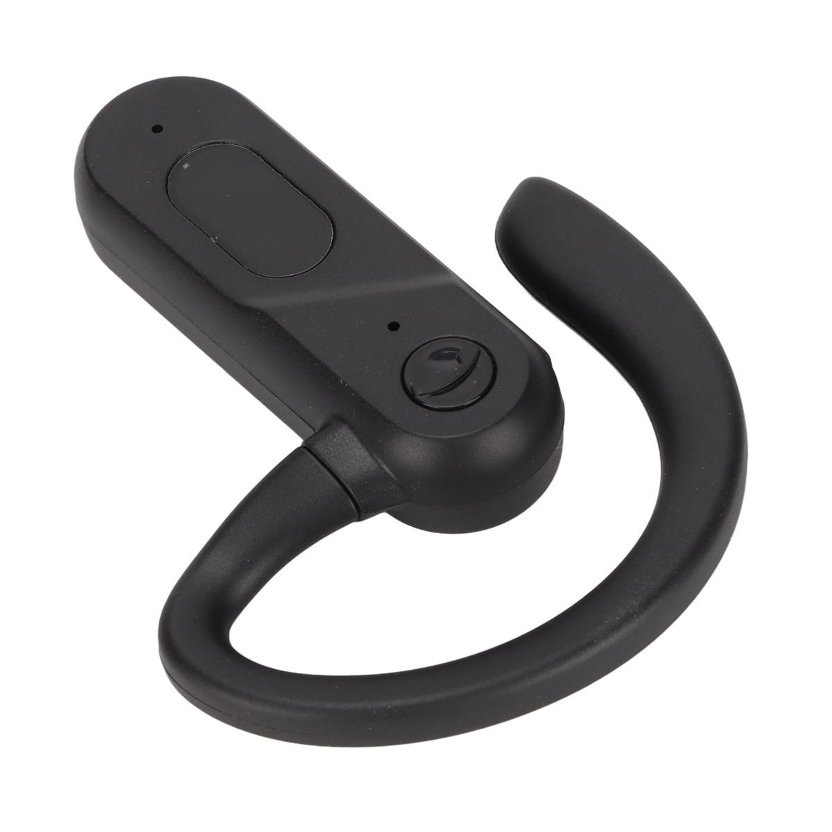 Schwarzes Bluetooth-Headset. Es hat einen gebogenen Ohrbügel, ein Mikrofon und eine Taste an der Seite.