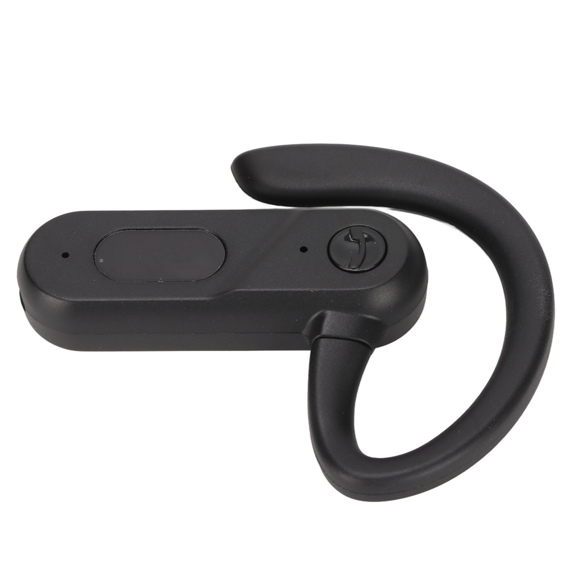 Schwarzes Bluetooth-Headset mit geschwungenem Design auf weißem Hintergrund.