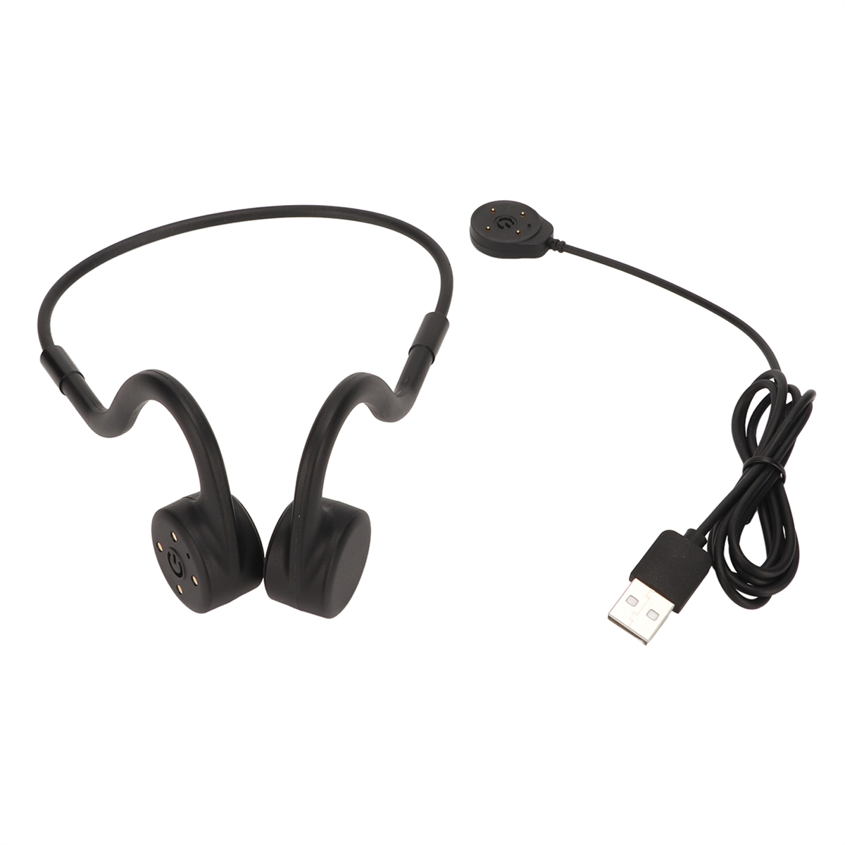 Schwarze Knochenschallkopfhörer und ein Ladekabel, isoliert auf Weiß, zeigt das USB-Ende.