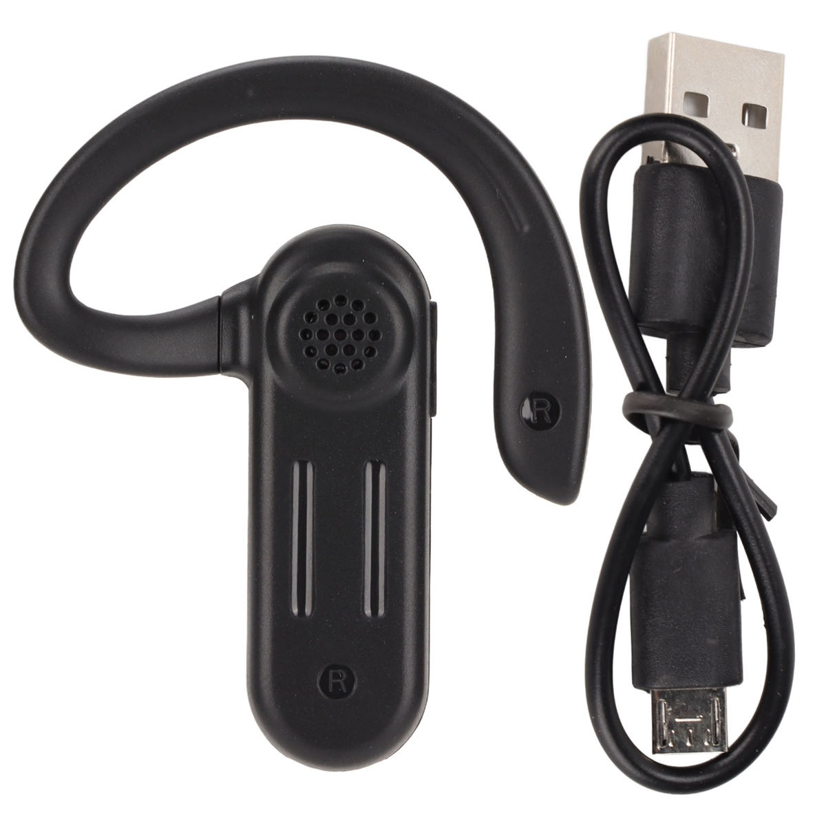 Ein schwarzes Bluetooth-Headset mit USB-Ladekabel. Das Headset hat einen Ohrbügel.